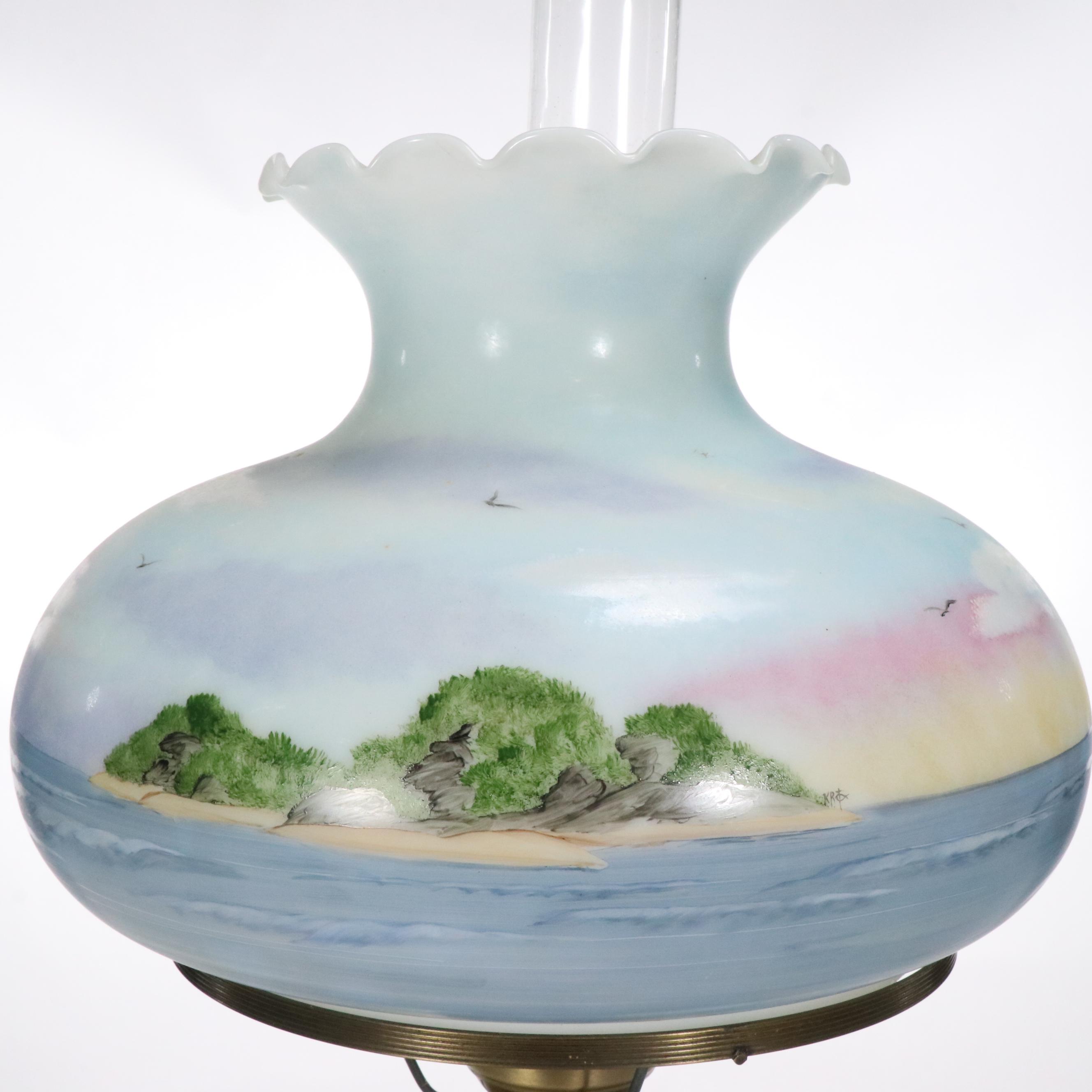 Karen Rogers Hand-Painted Coastal Landscape Glass Parlor Lamp