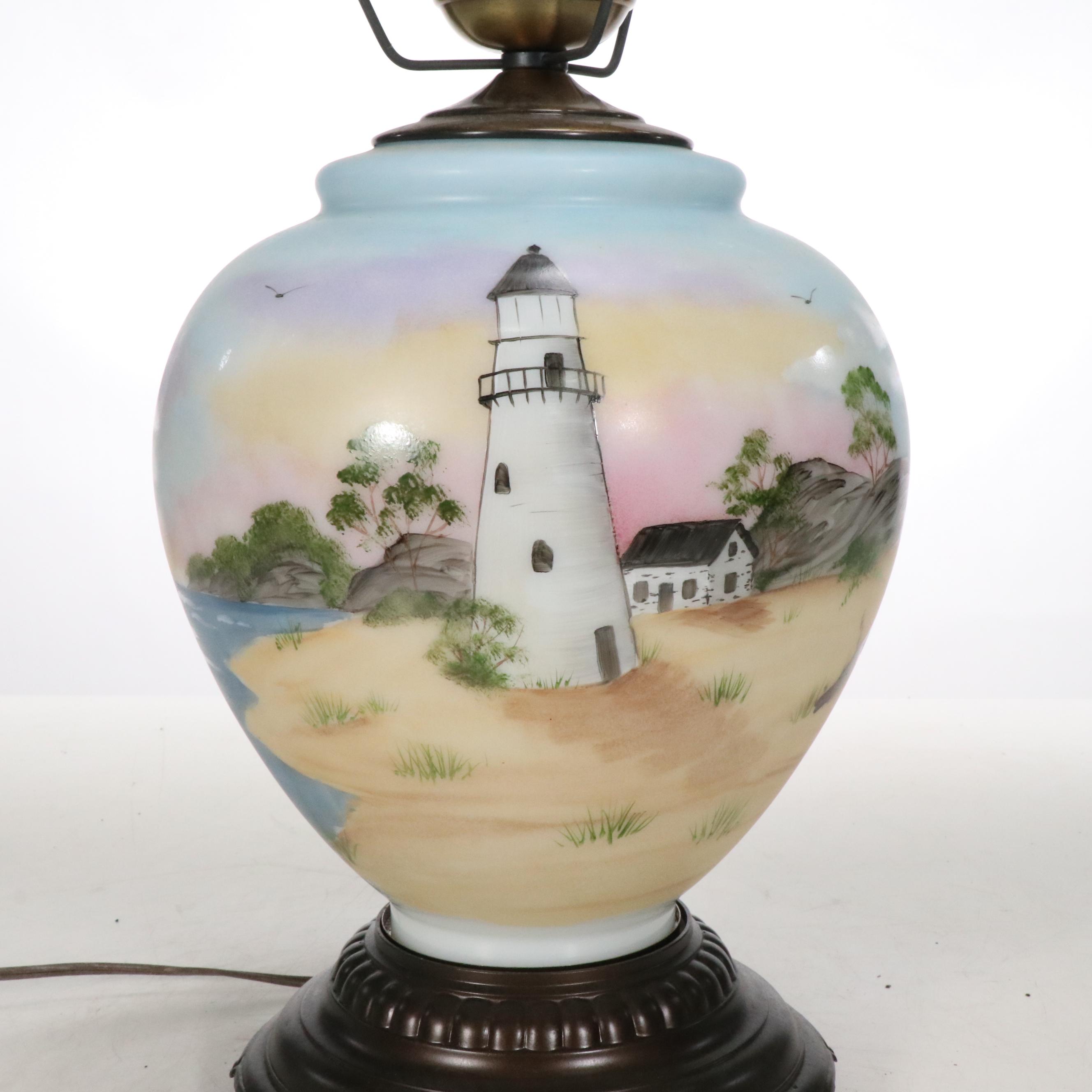 Karen Rogers Hand-Painted Coastal Landscape Glass Parlor Lamp