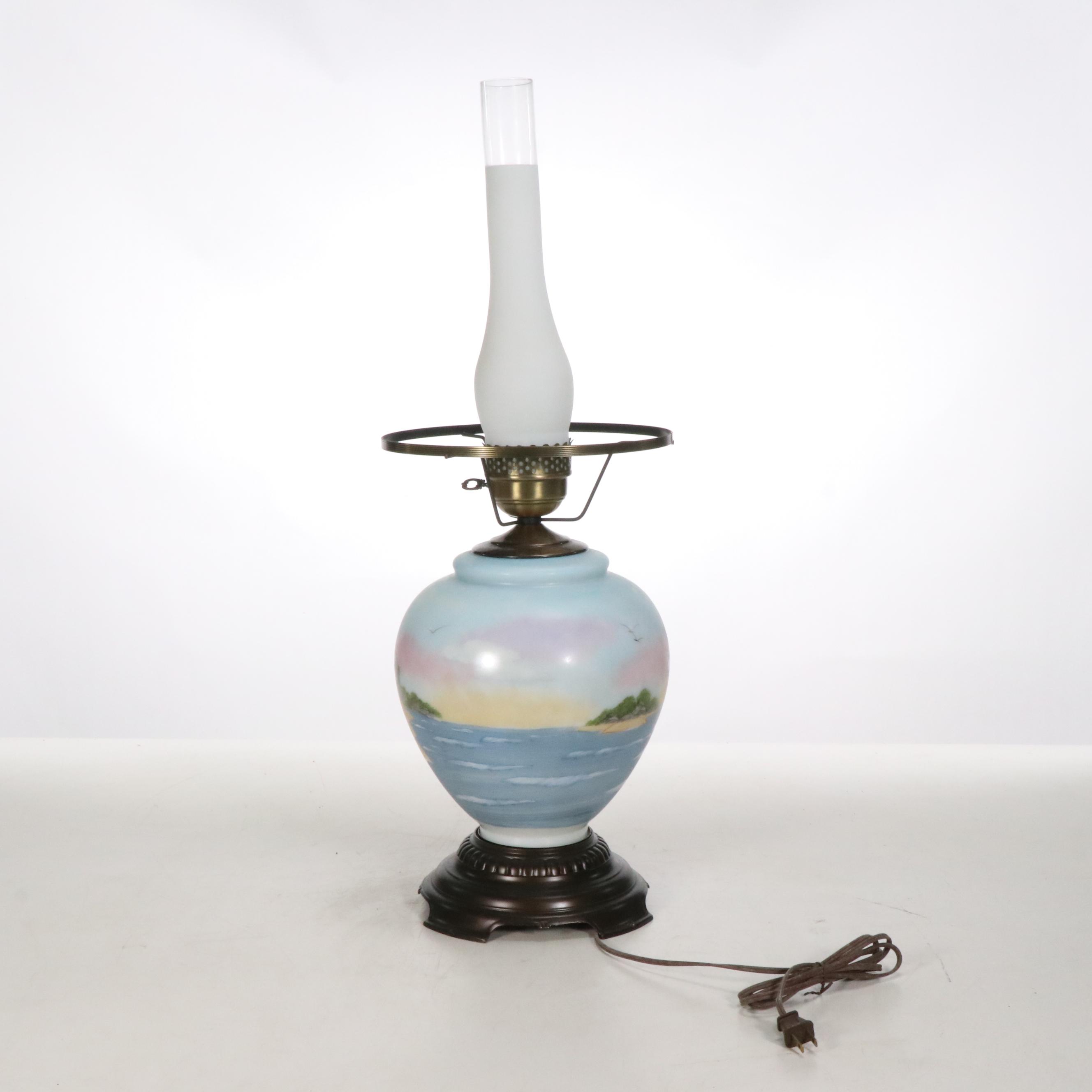 Karen Rogers Hand-Painted Coastal Landscape Glass Parlor Lamp