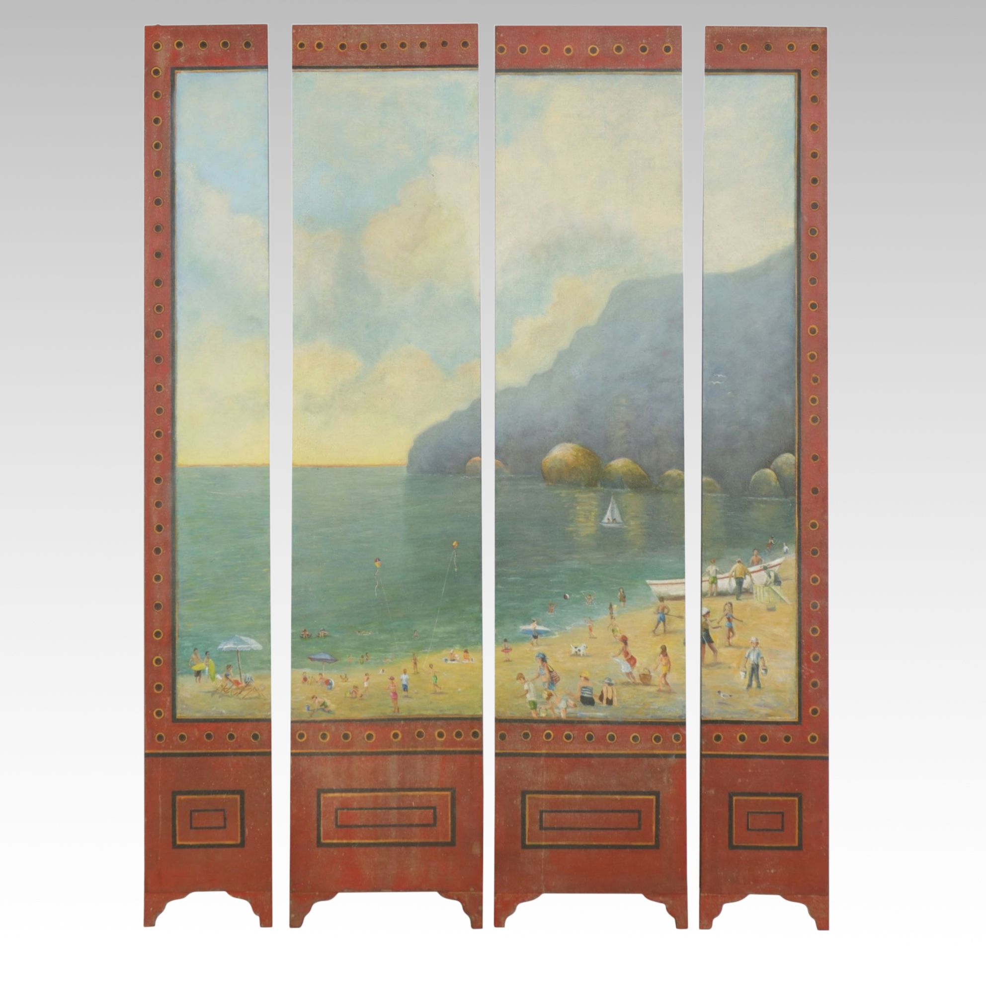 Room Screen Panels with Hand-Painted Coastal Scene