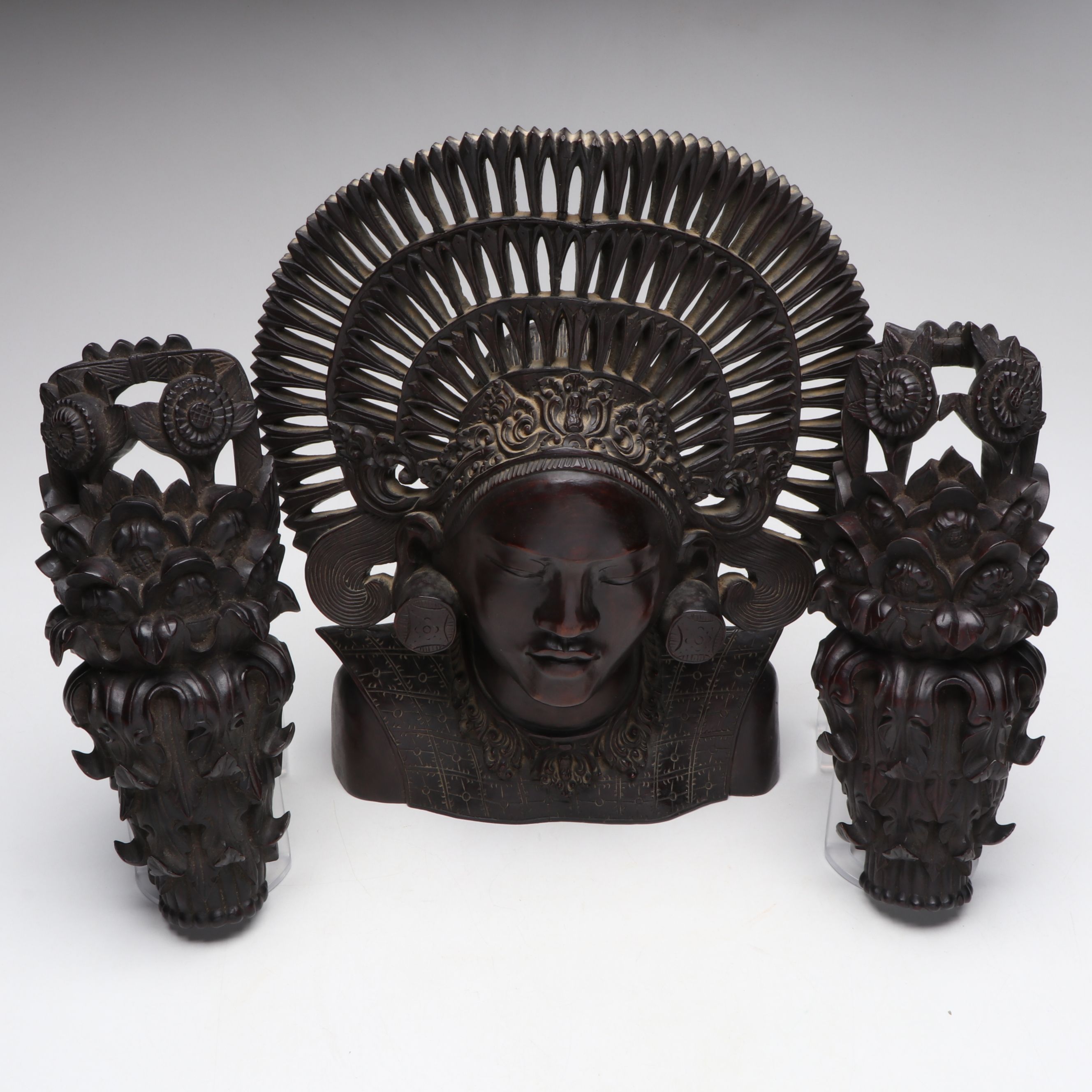 Balinese Style Carved Wooden Bust with Vegetal Wall Décor
