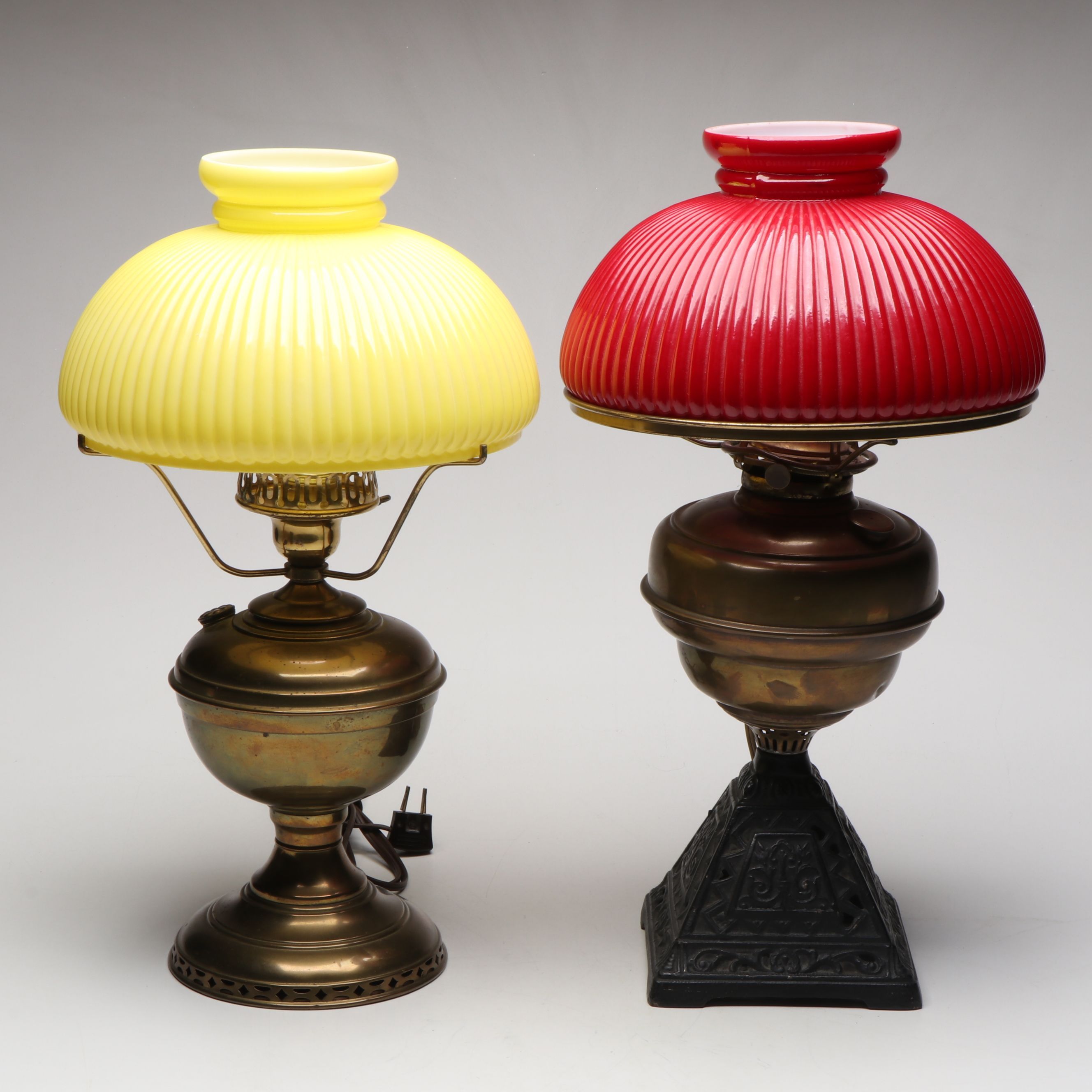 Brass Converted Oil Table Lamps with Glass Shades