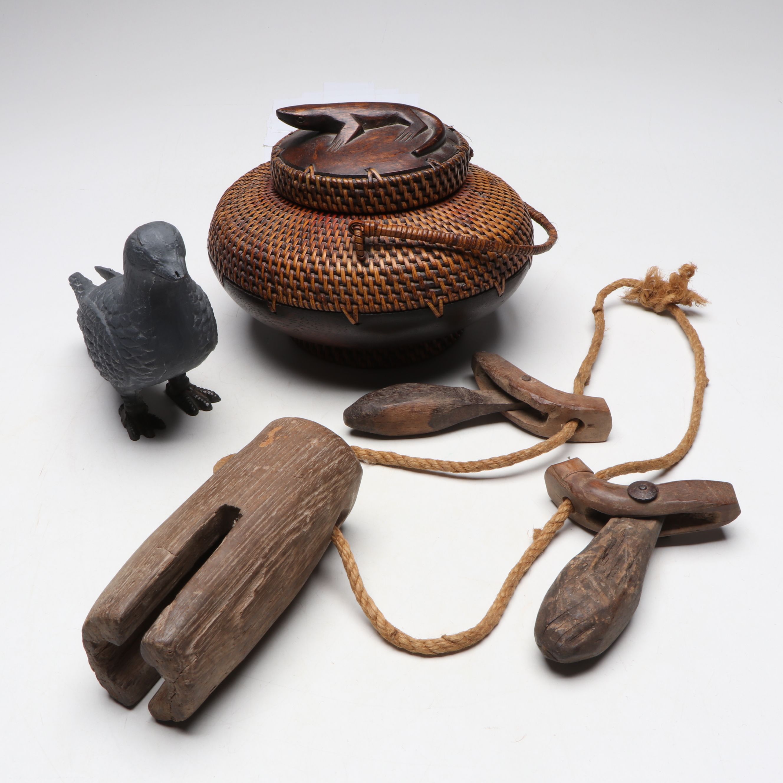 Southeast Asian Wooden Cow or Elephant Bell with Lidded Basket and Other Decor