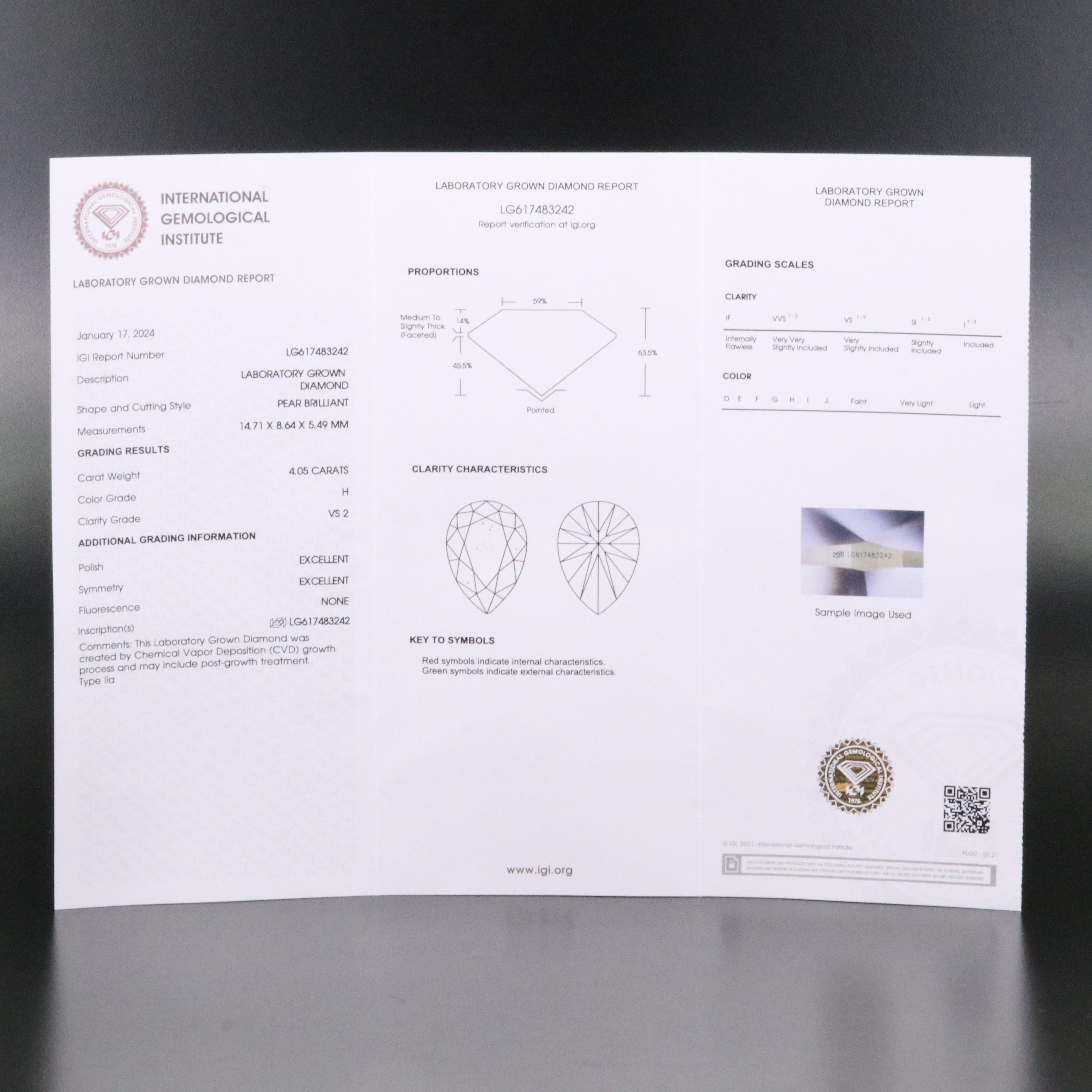Loose 4.05 CT Lab Grown Diamond with IGI Report