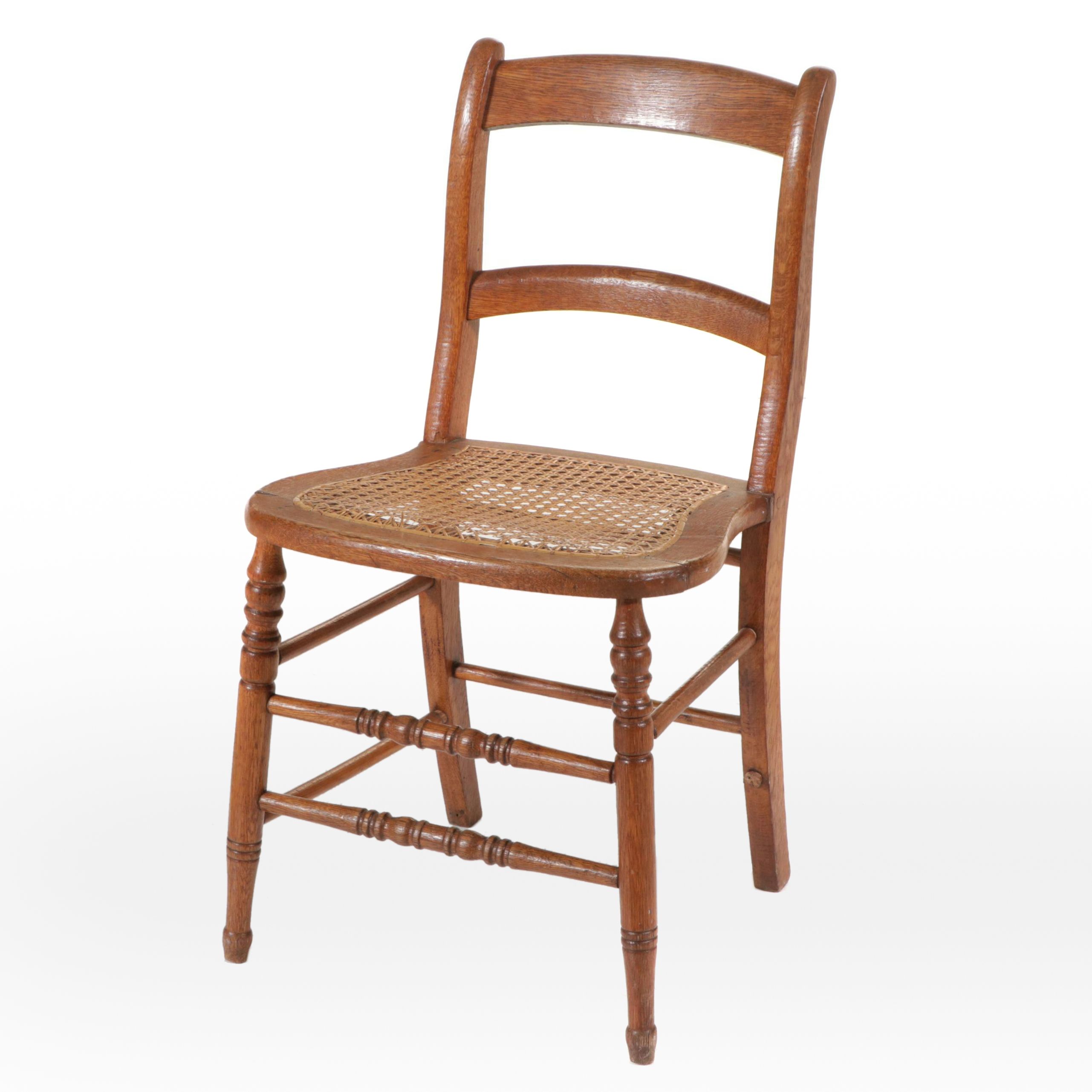 Antique Turned Oak Side Chair with Caned Seat