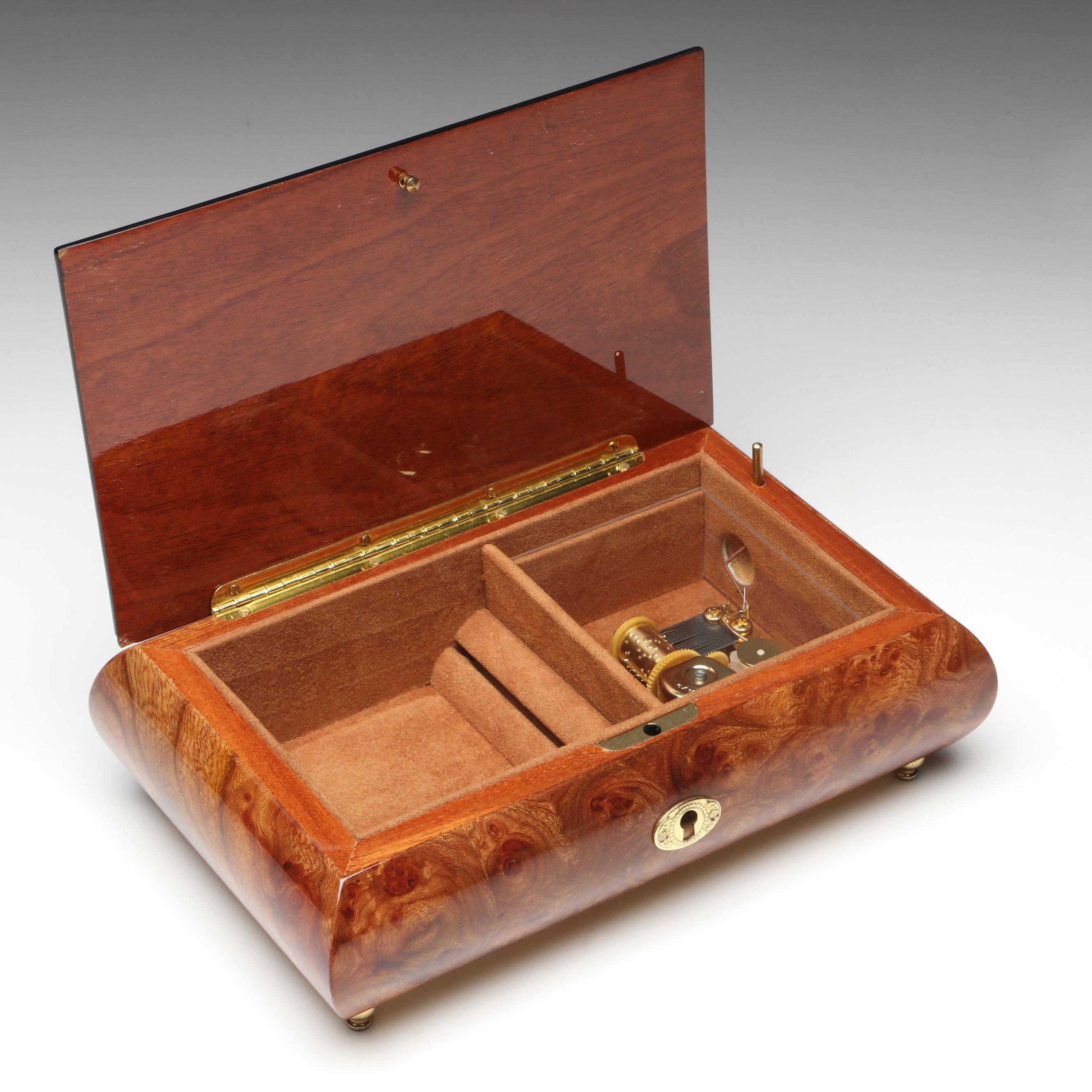 Italian "Somewhere In Time" Inlaid Wooden Music Box, Late 20th Century