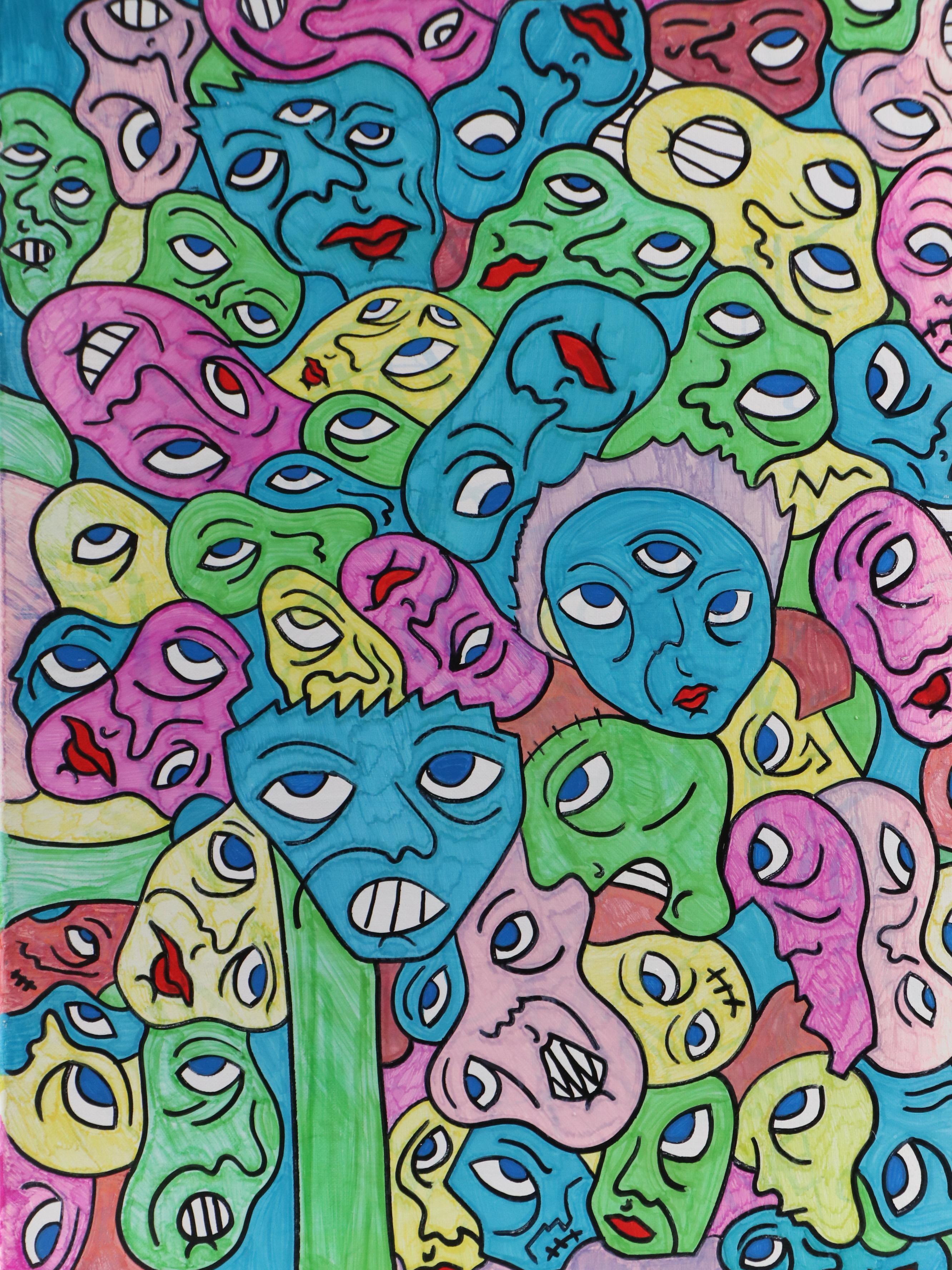 Bryson C. Abstract Faces Acrylic Painting, Circa 2025