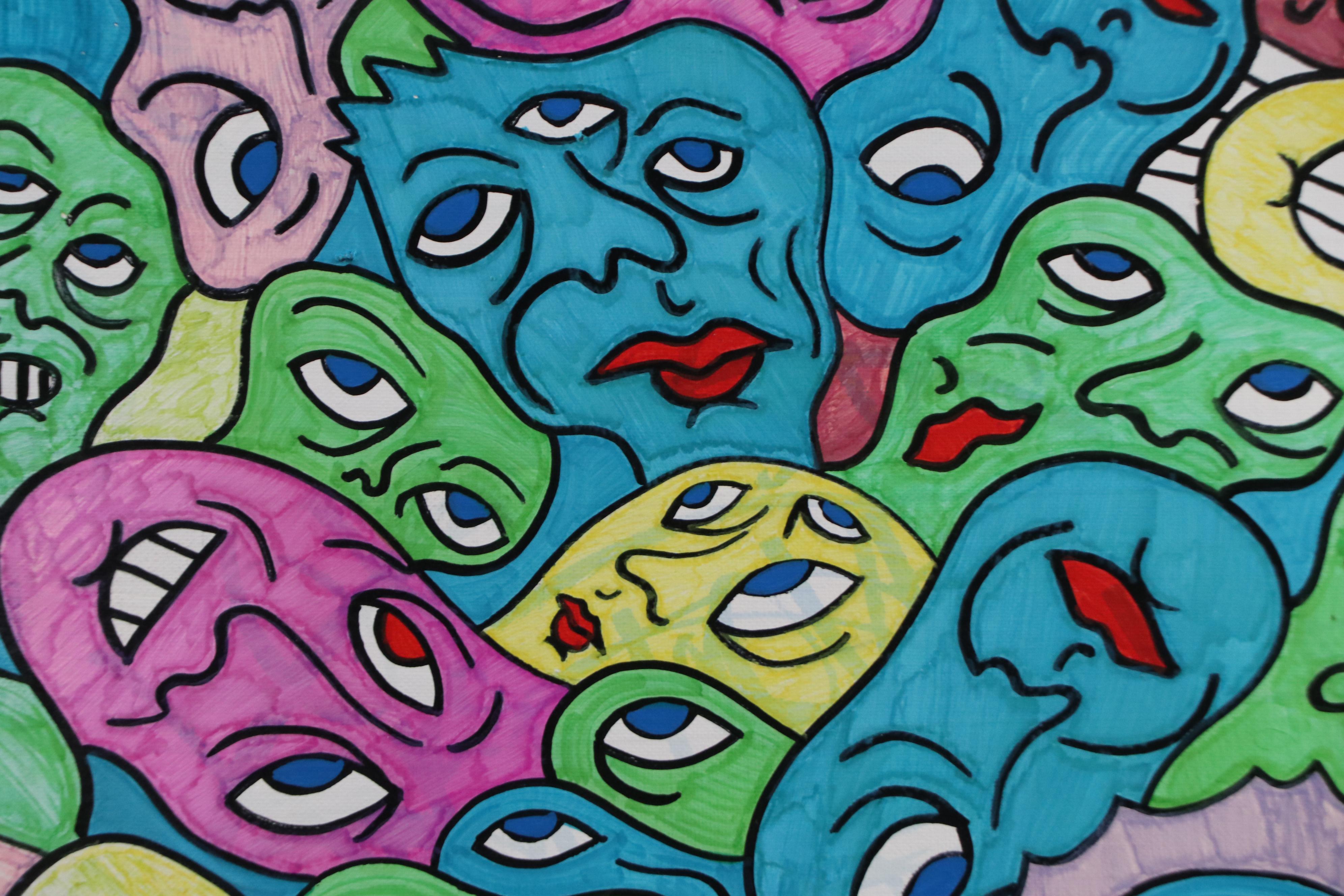 Bryson C. Abstract Faces Acrylic Painting, Circa 2025