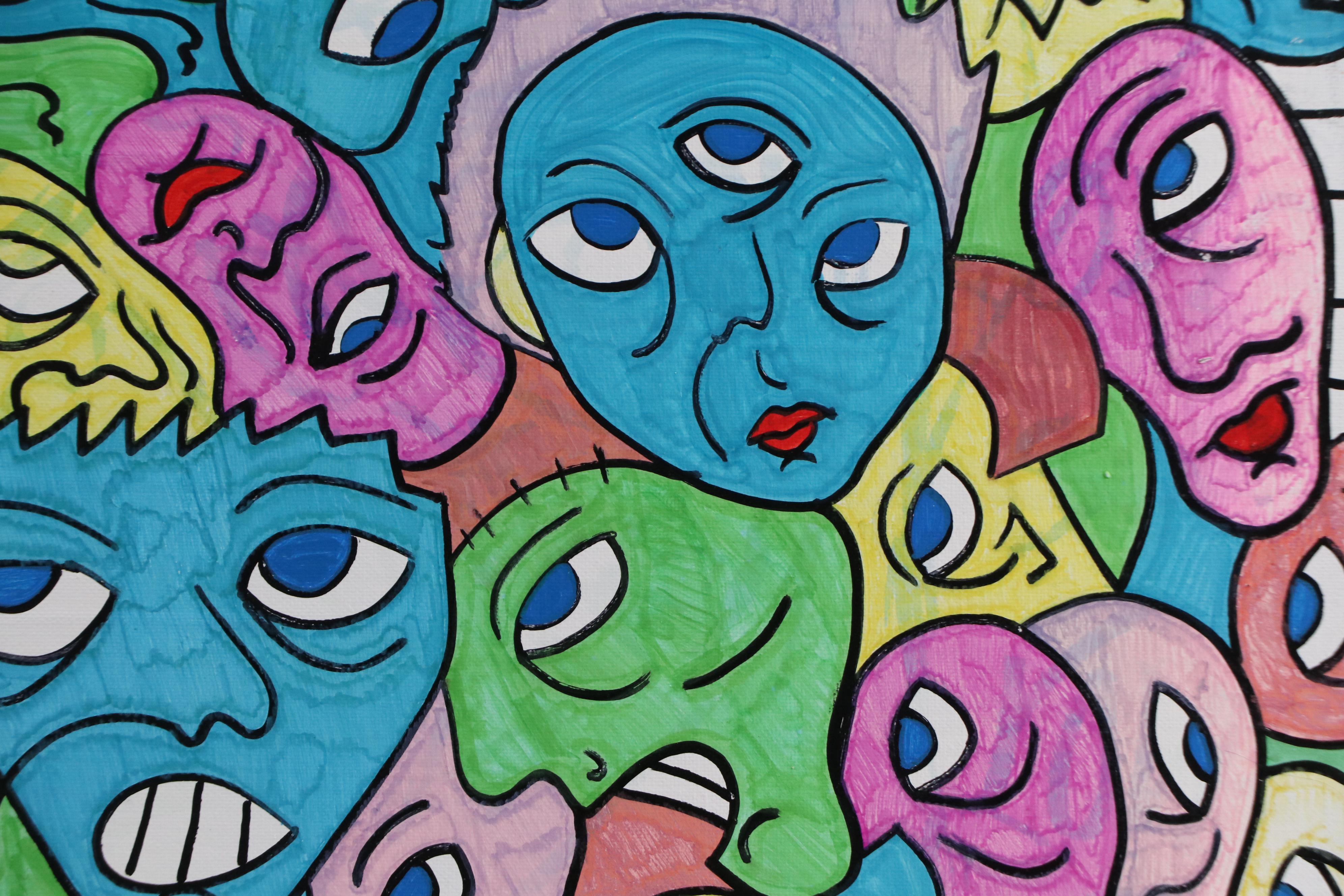 Bryson C. Abstract Faces Acrylic Painting, Circa 2025