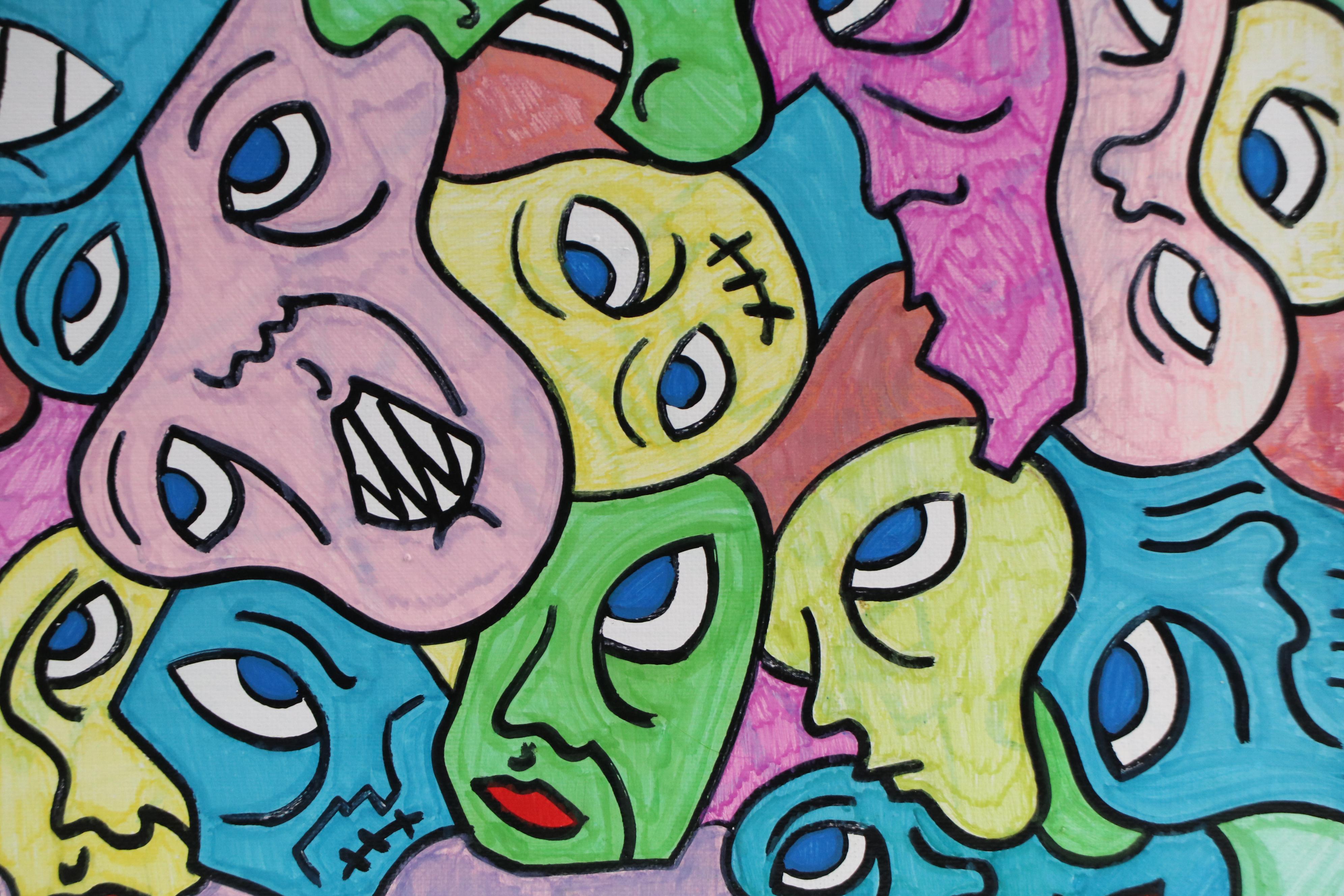 Bryson C. Abstract Faces Acrylic Painting, Circa 2025