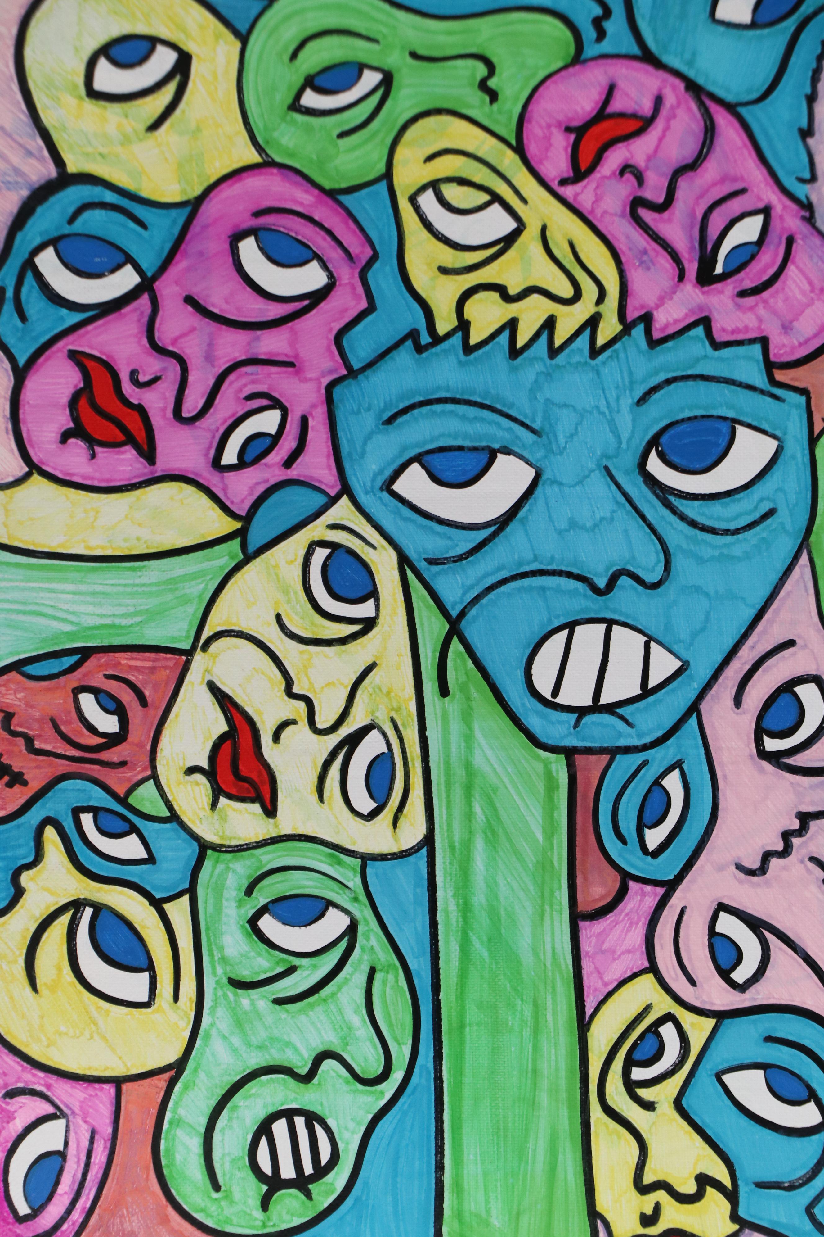 Bryson C. Abstract Faces Acrylic Painting, Circa 2025