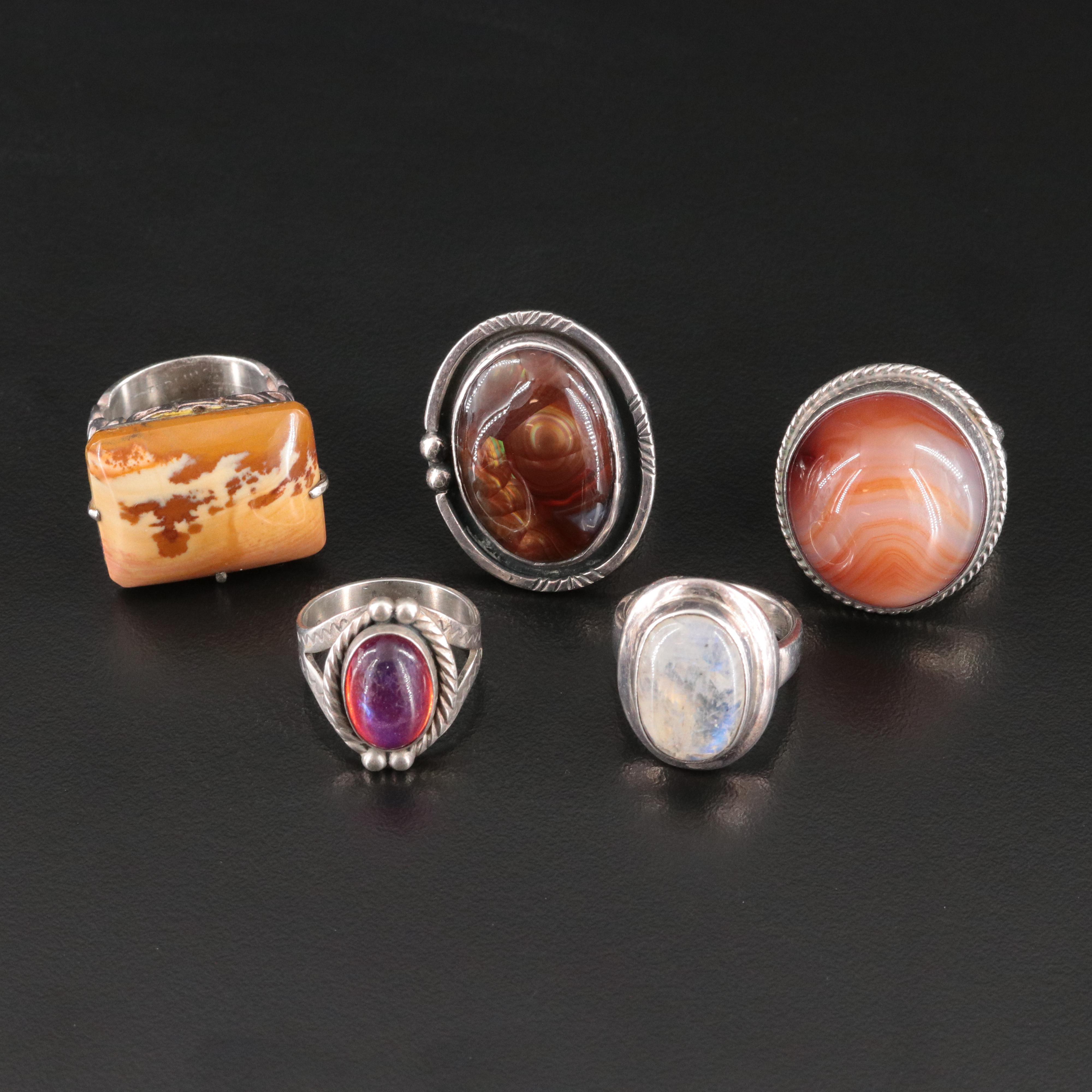 Sterling Ring Collection Featuring Fire Agate, Jasper and Rainbow Moonstone