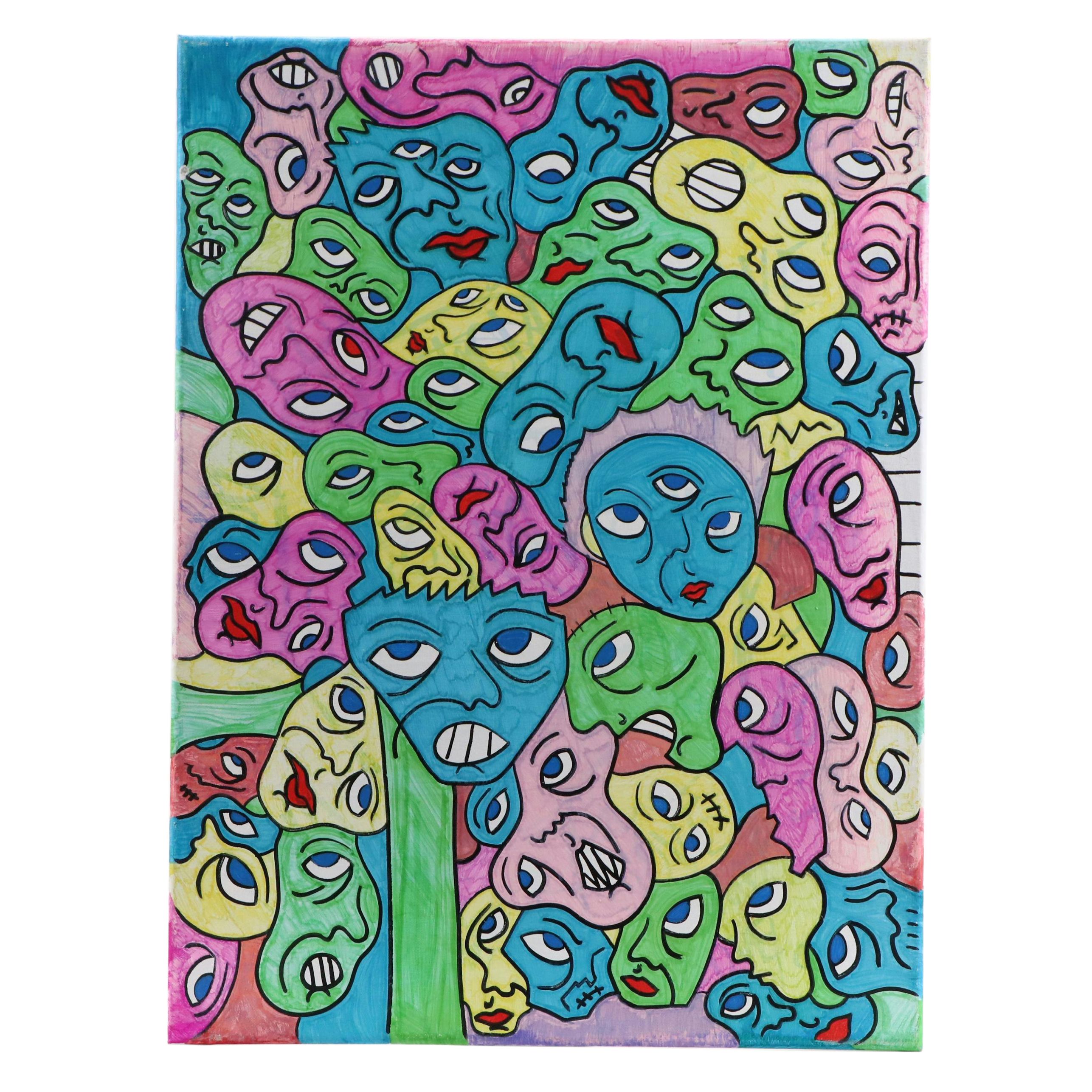 Bryson C. Abstract Faces Acrylic Painting, Circa 2025