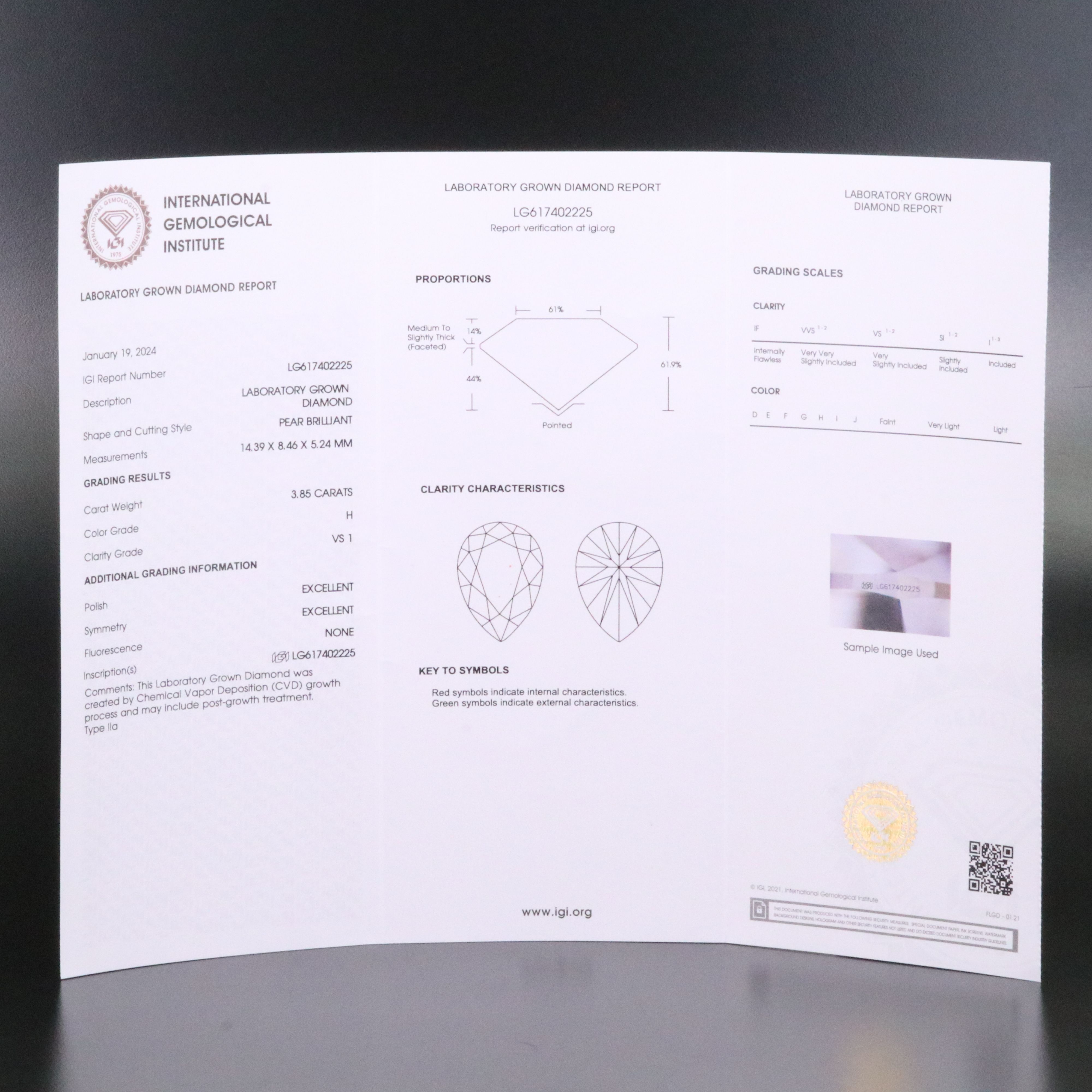 Loose 3.85 CT Lab Grown Diamond with IGI Report