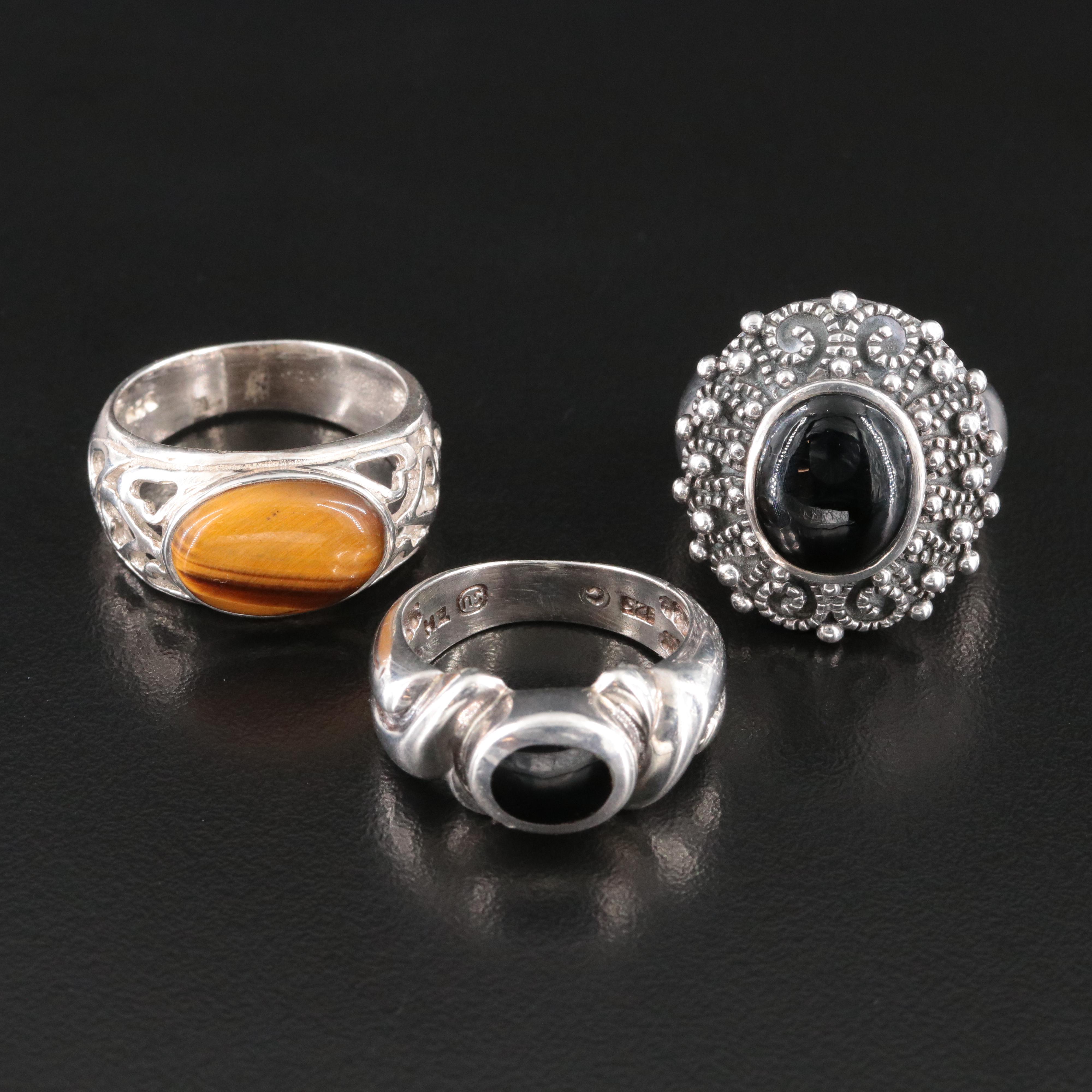 Sterling Black Onyx and Tiger's Eye Ring Trio