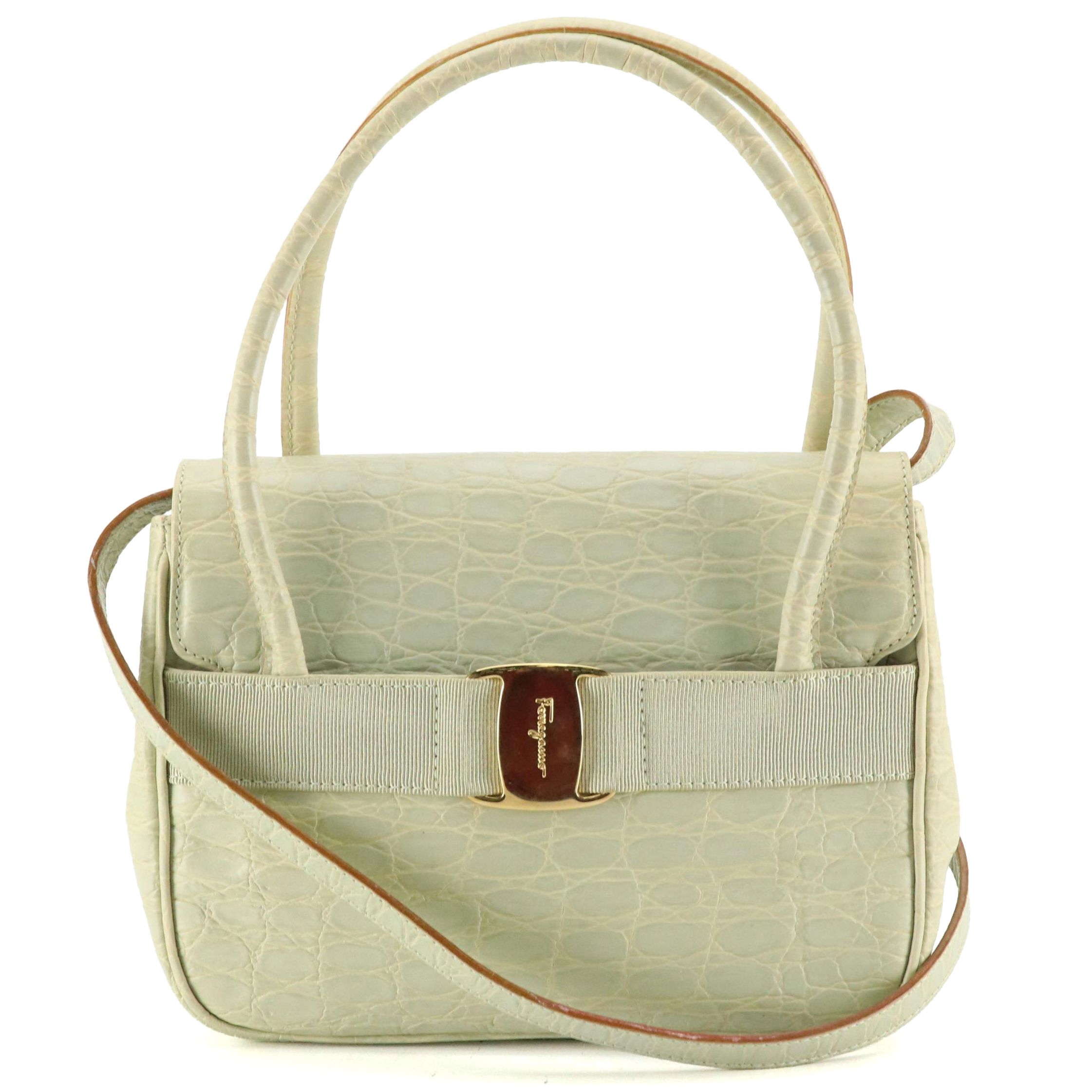 Salvatore Ferragamo Small Vara Flap Two-Way Bag in Pale Green Crocodile Leather