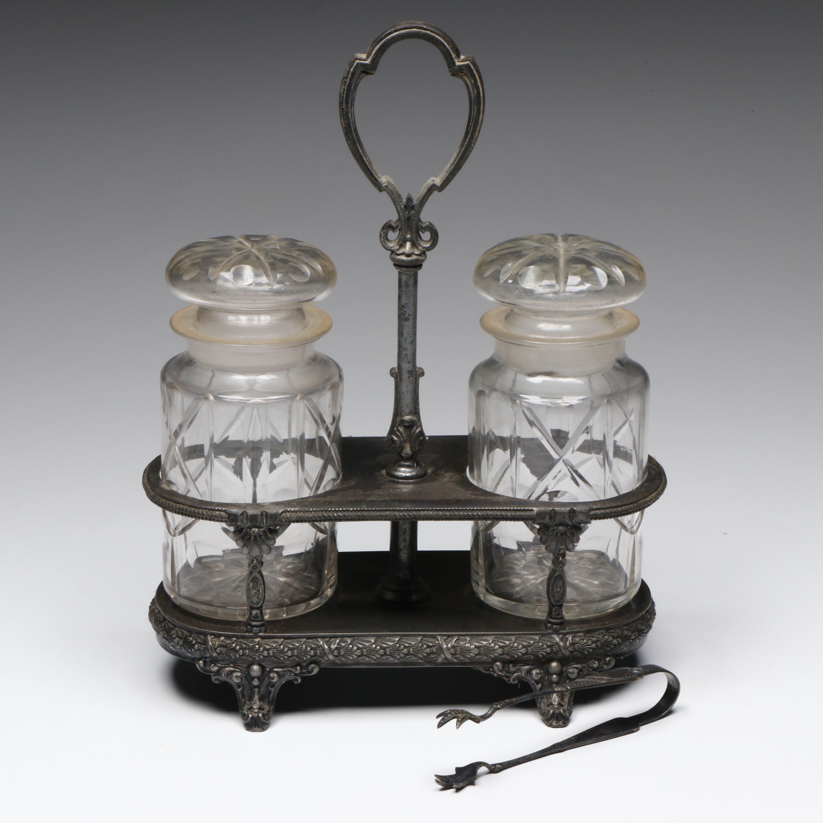 Shaw & Fisher Sheffield Silver Plate Condiment Caddy with Glass Jars