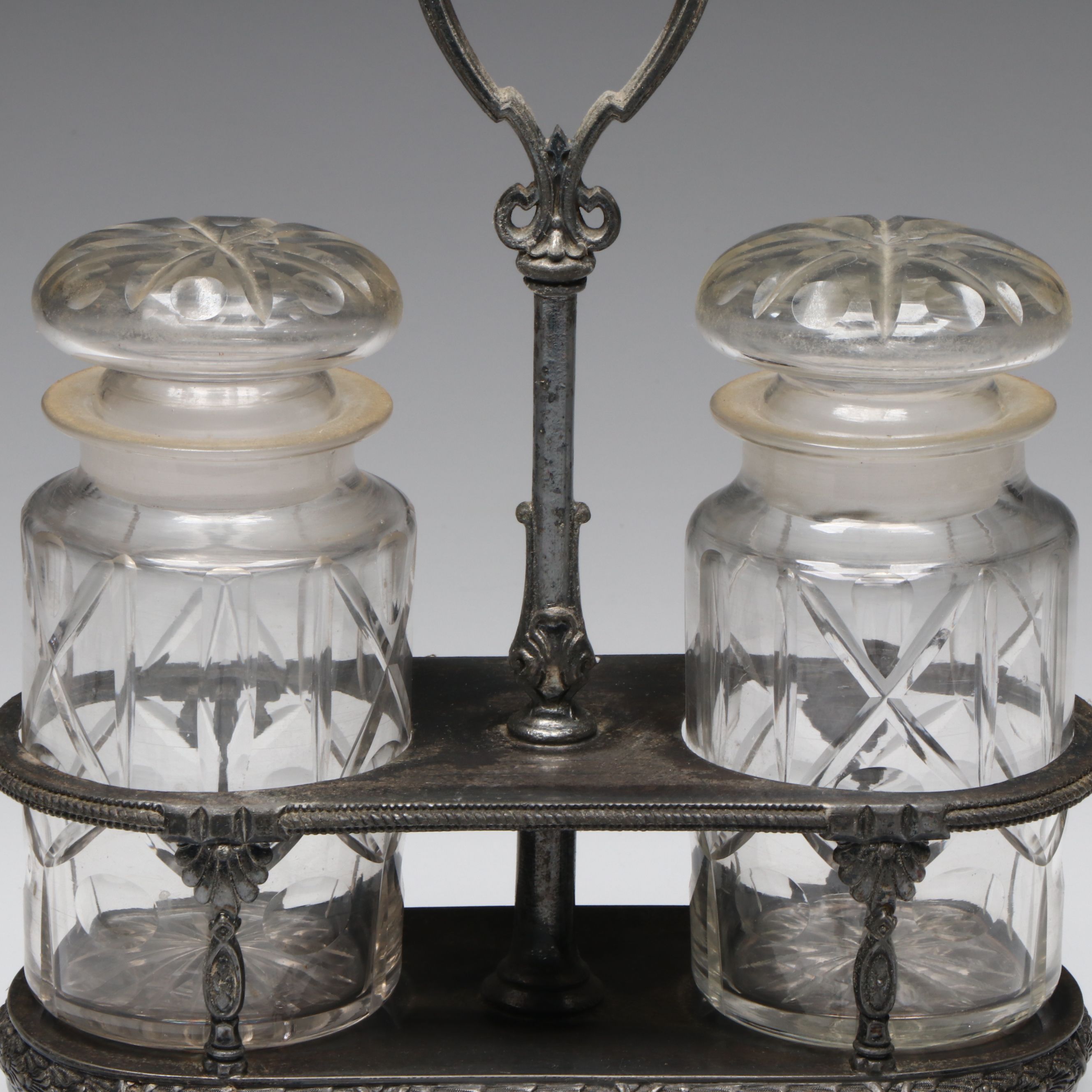 Shaw & Fisher Sheffield Silver Plate Condiment Caddy with Glass Jars