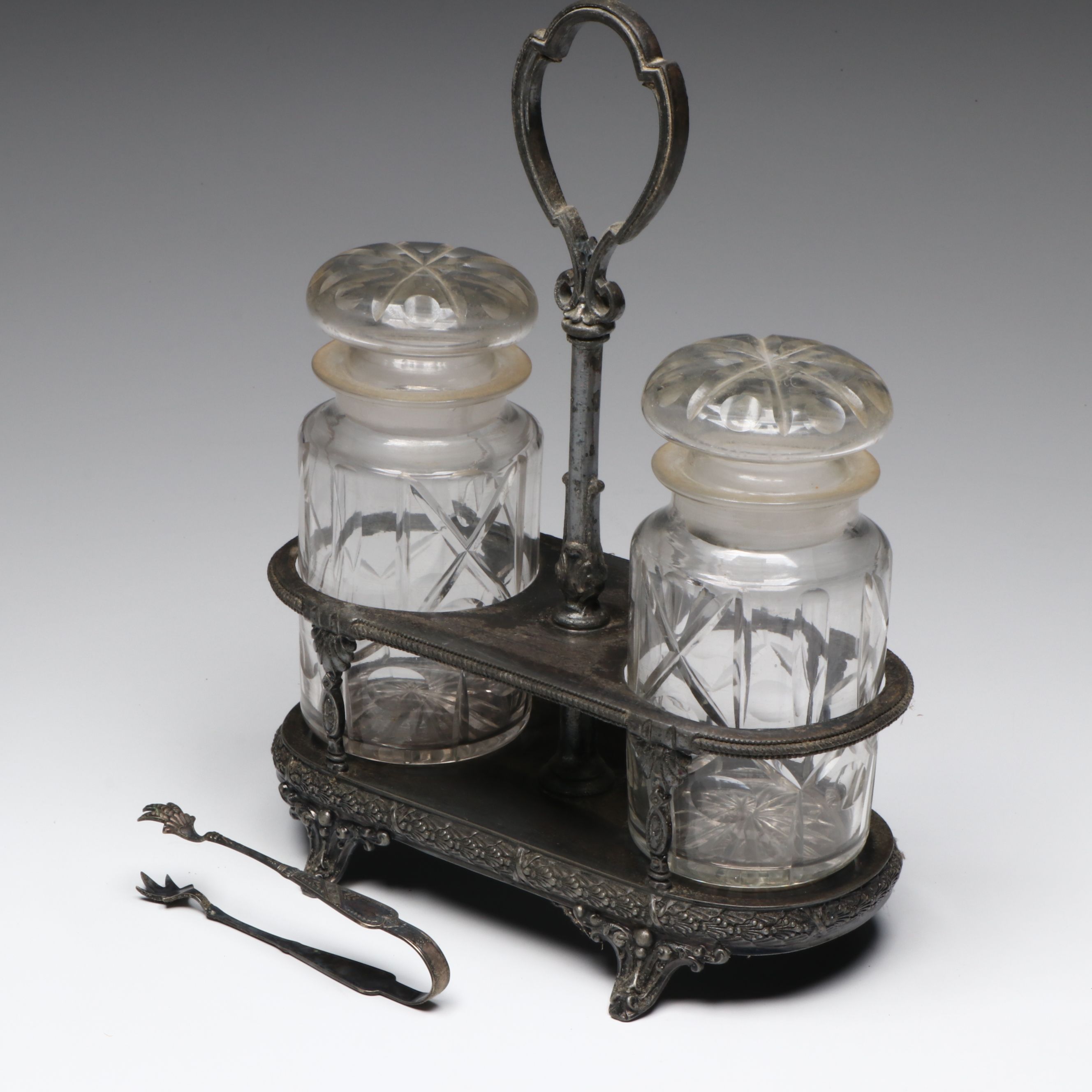 Shaw & Fisher Sheffield Silver Plate Condiment Caddy with Glass Jars