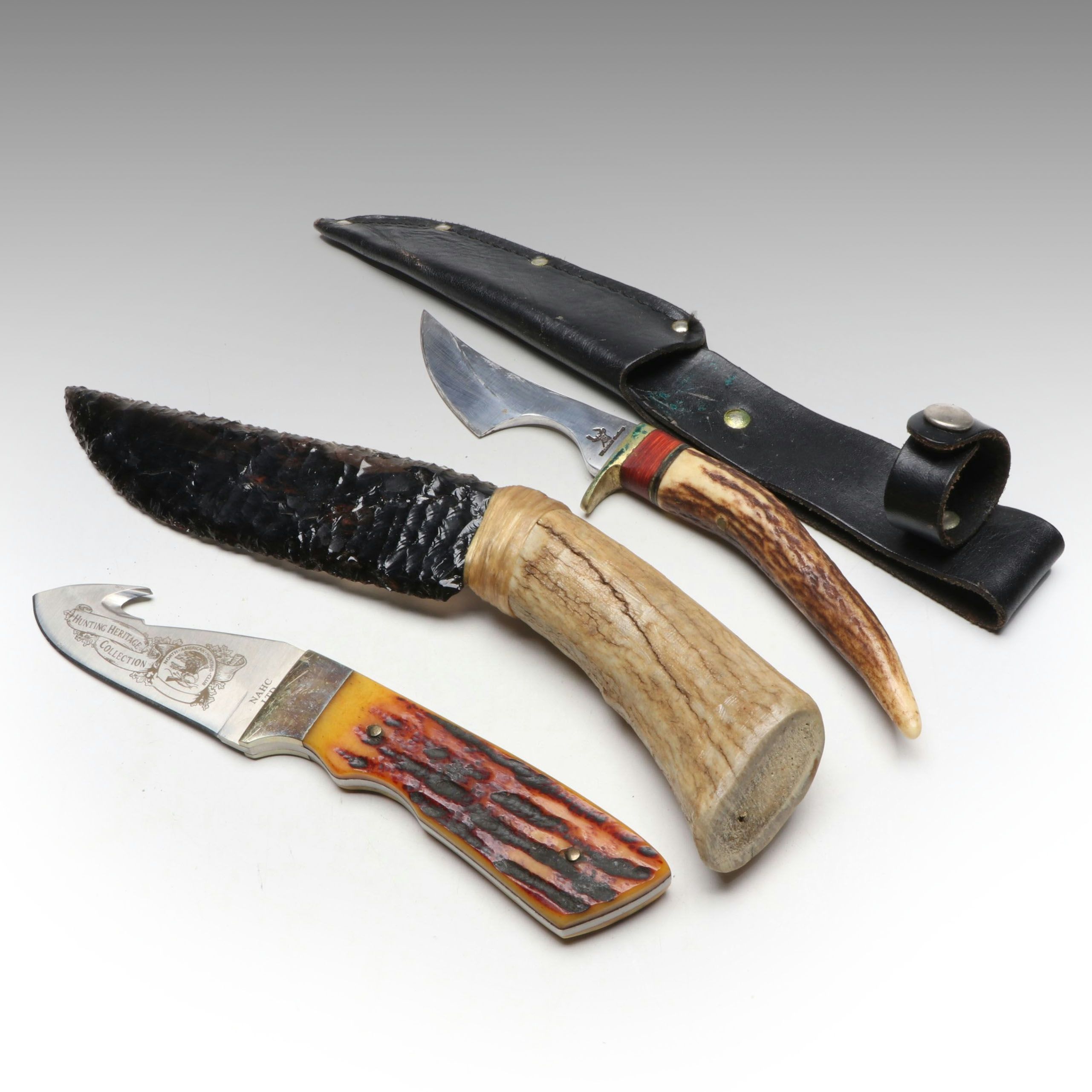 Obsidian Glass Flint Knapped Knife with Other Antler and Bone Handled Knives