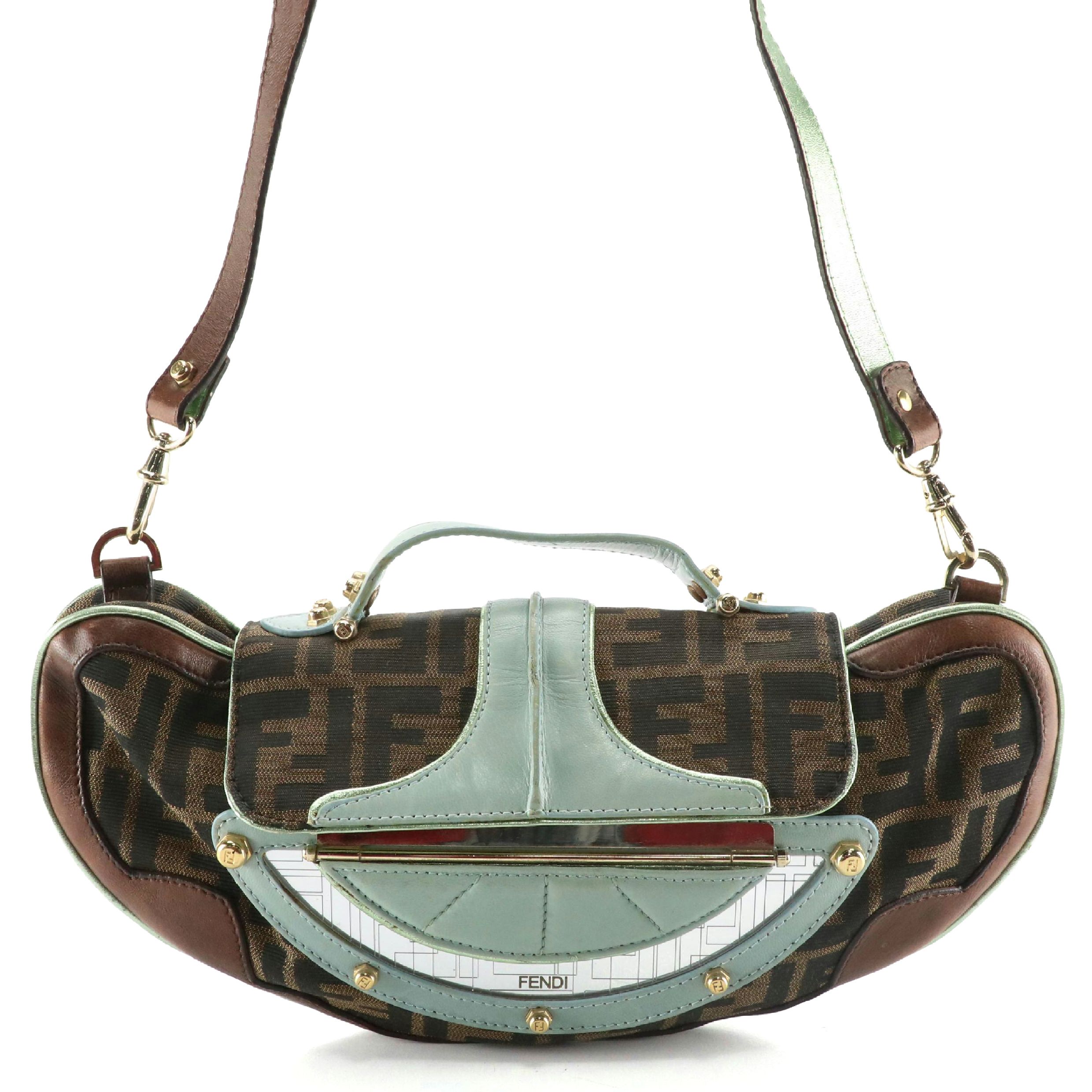 Fendi Vanity Mirror Convertible Clutch in Zucca Canvas and Leather Trimming