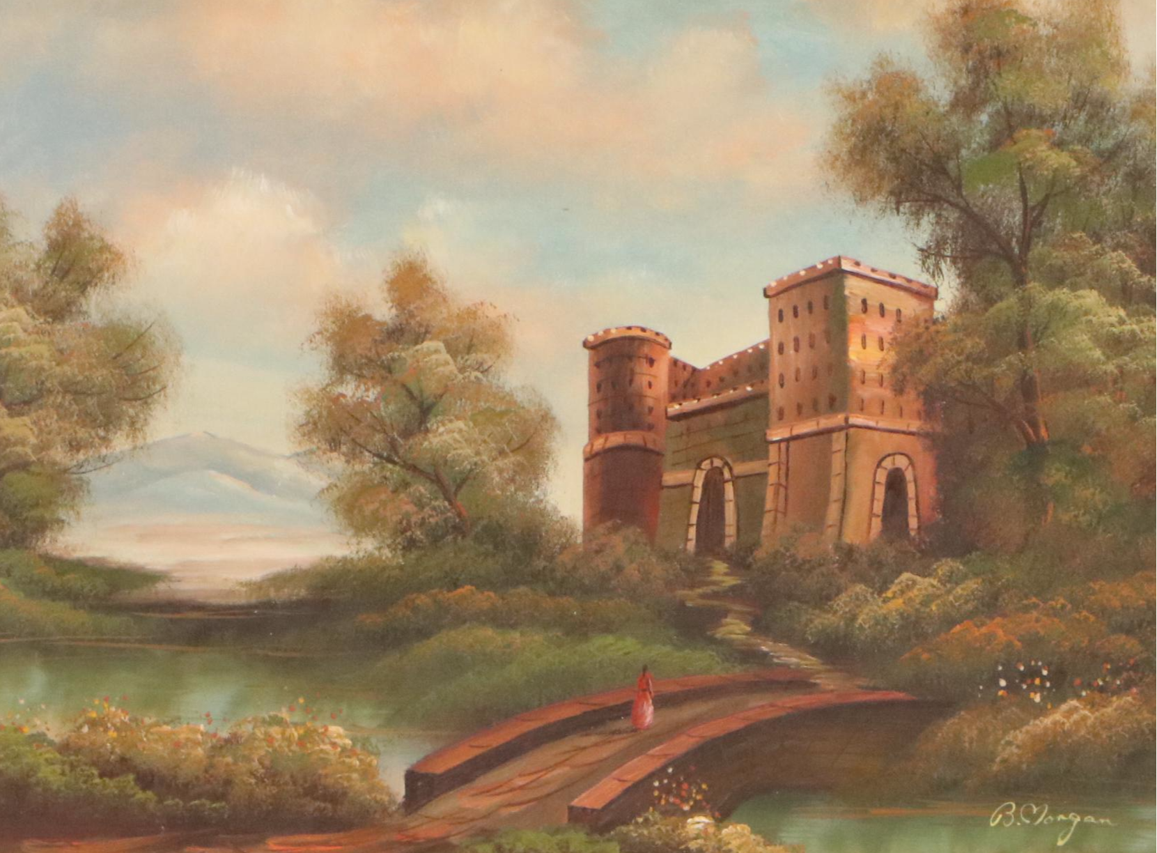 B. Morgan Mountainous Landscape Oil Painting with Castle, 20th Century