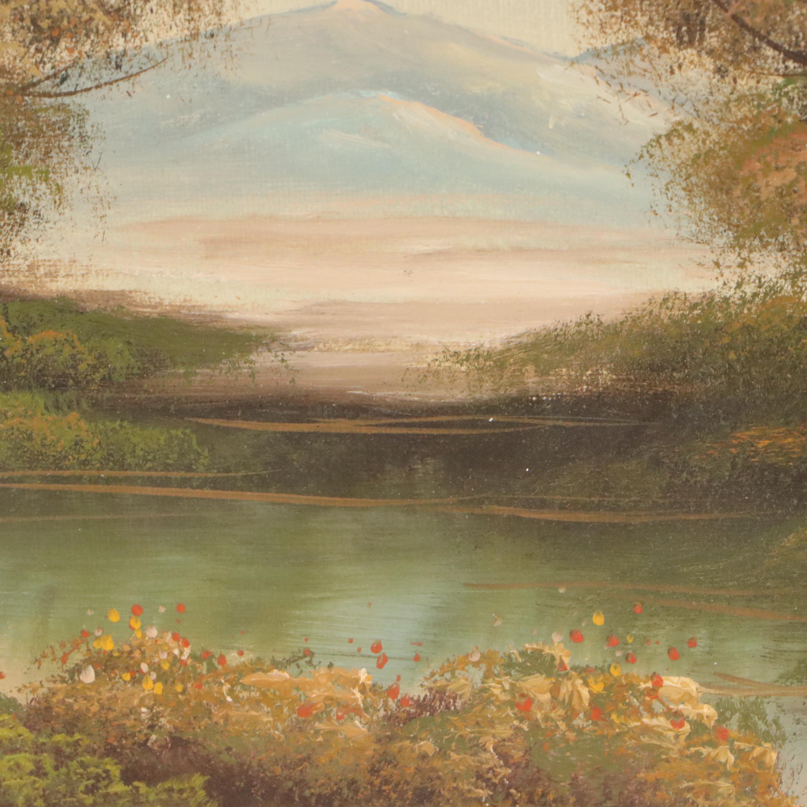 B. Morgan Mountainous Landscape Oil Painting with Castle, 20th Century