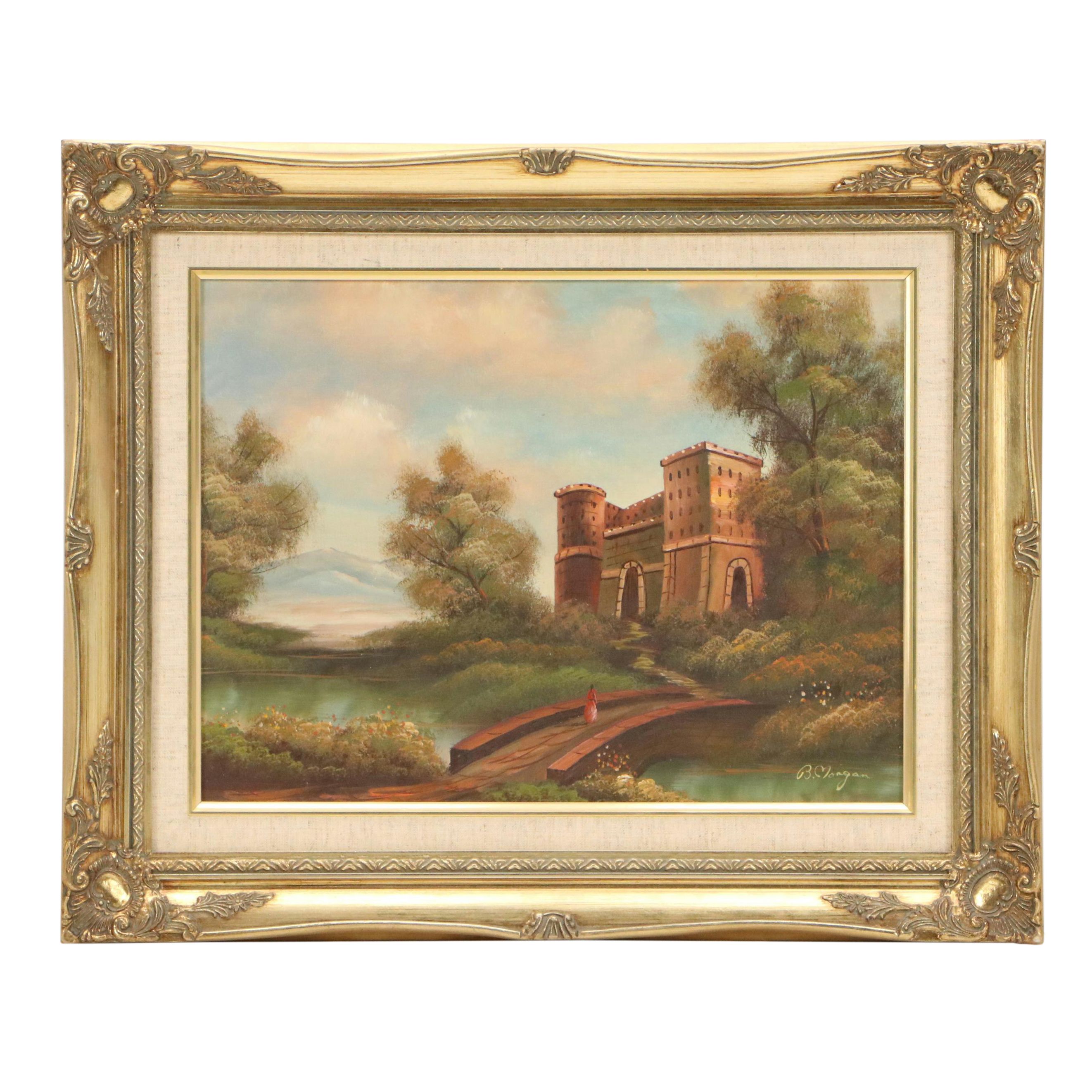B. Morgan Mountainous Landscape Oil Painting with Castle, 20th Century