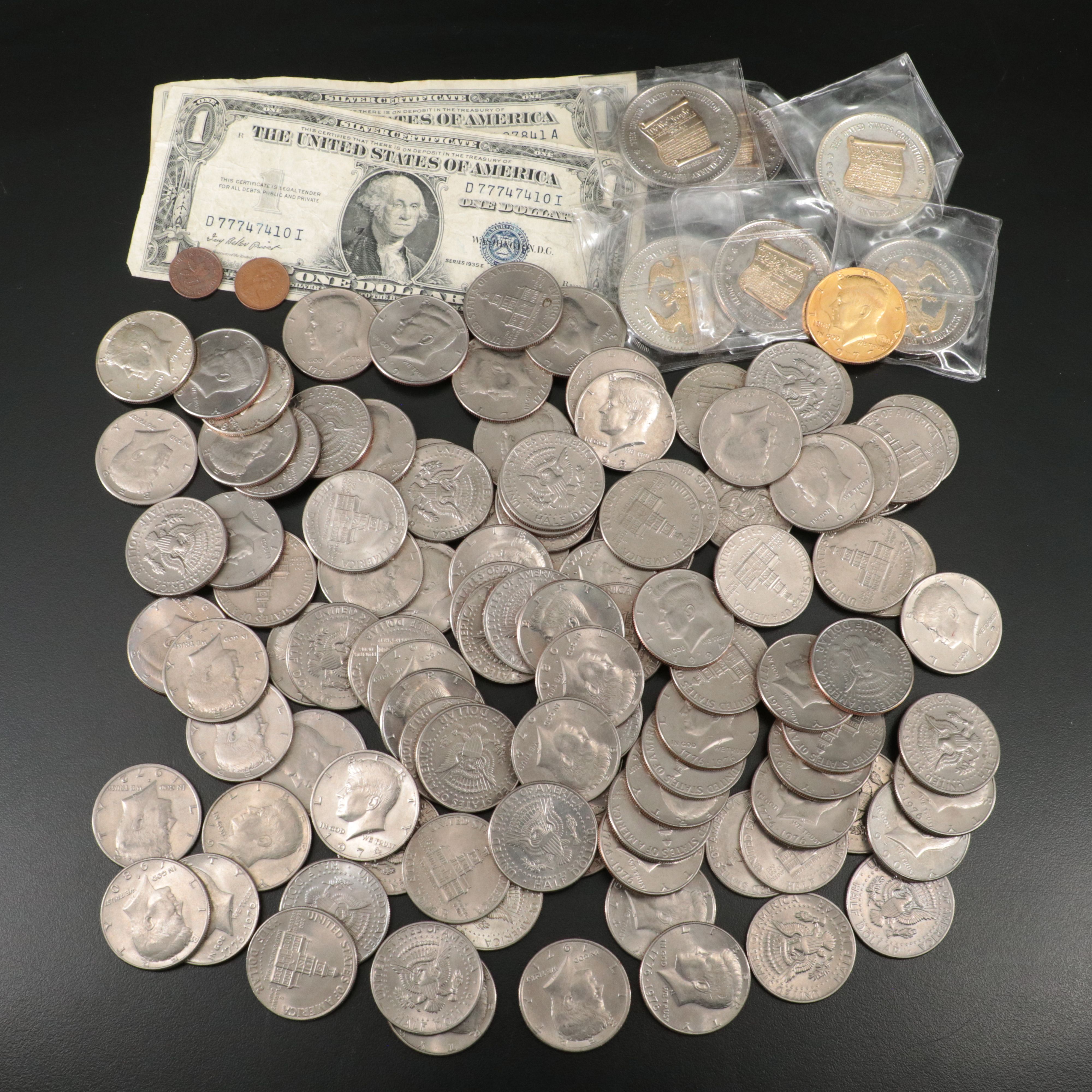 105 Kennedy Half Dollars, Including Silver Clad, Silver Certificates, and More