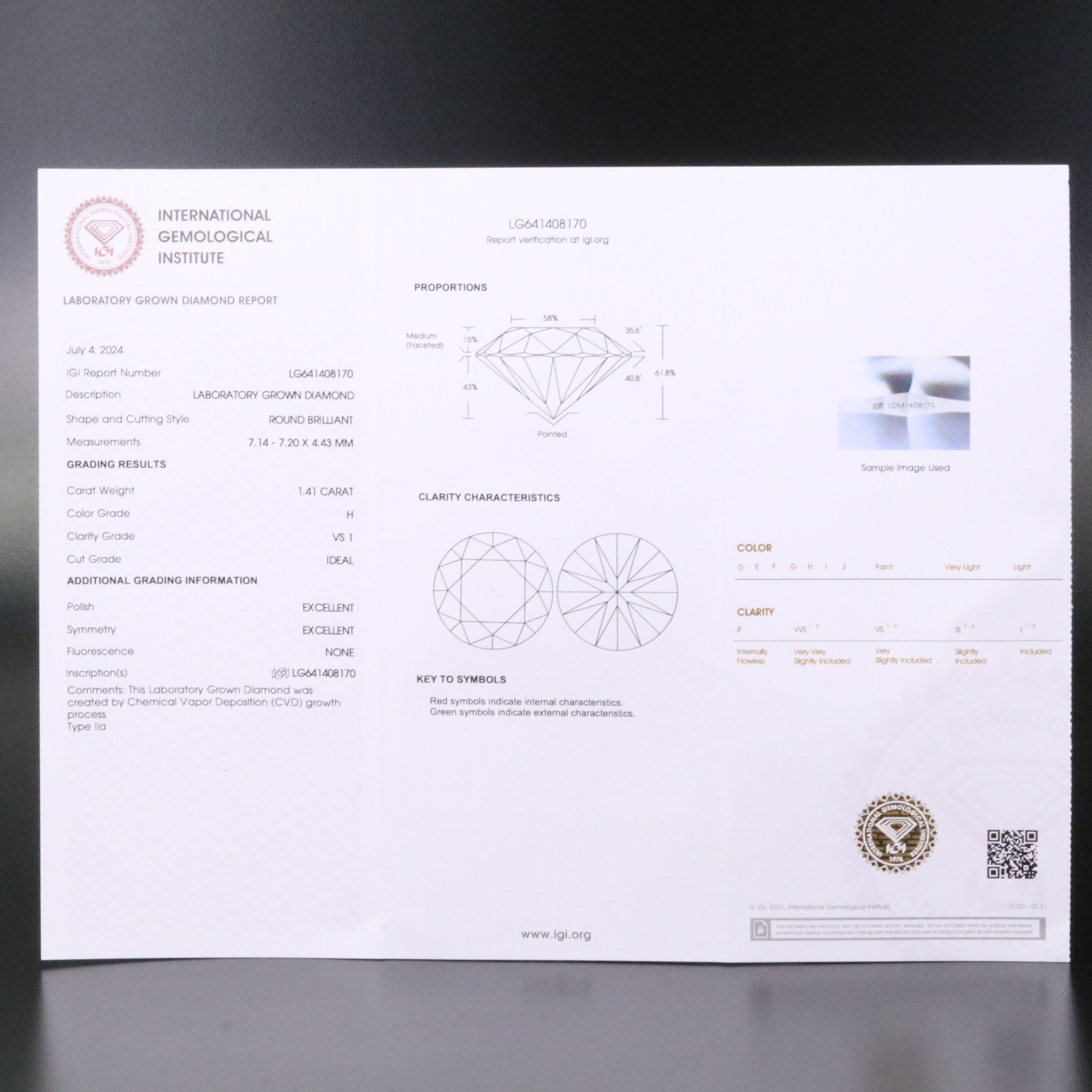 Loose 1.41 CT Lab Grown Diamond with IGI Report