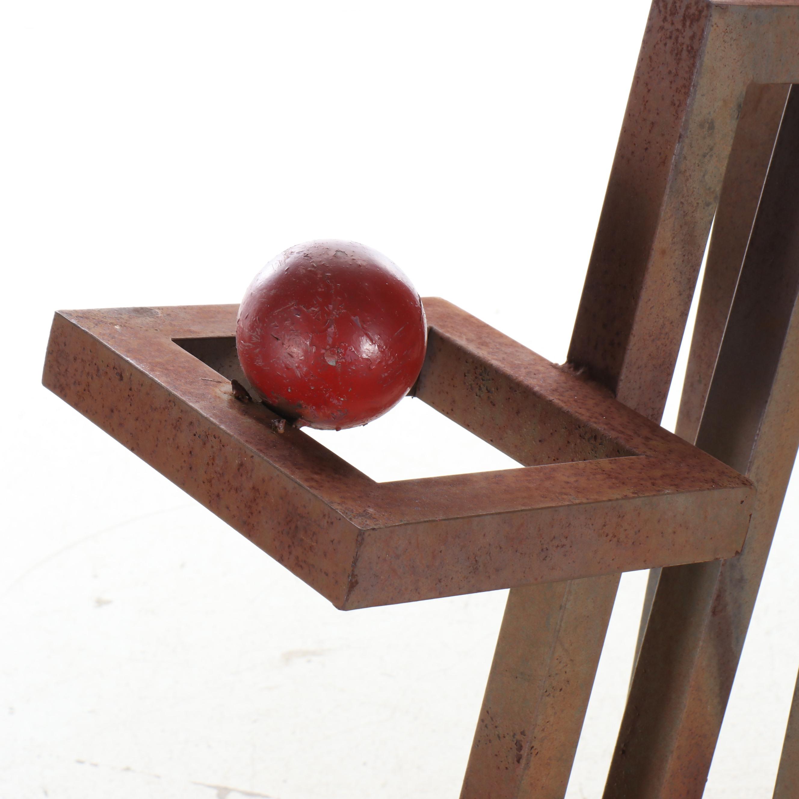 Geometric Standing Steel Sculpture with Red Ball, Mid to Late 20th C.
