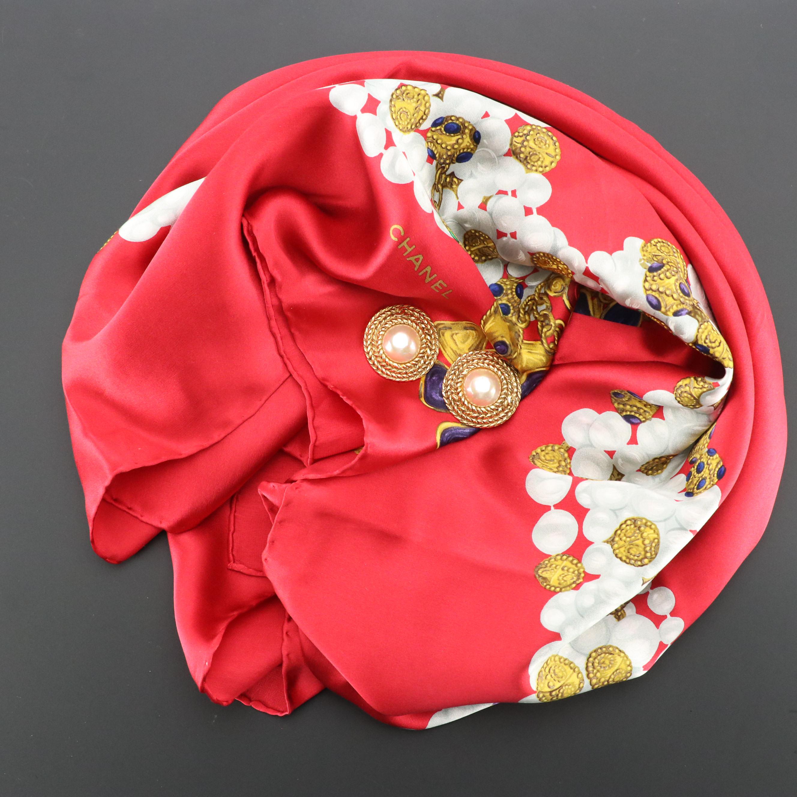 Chanel Imitation Pearl Rope Trim Clip Earrings and Silk Charmeuse Scarf 90