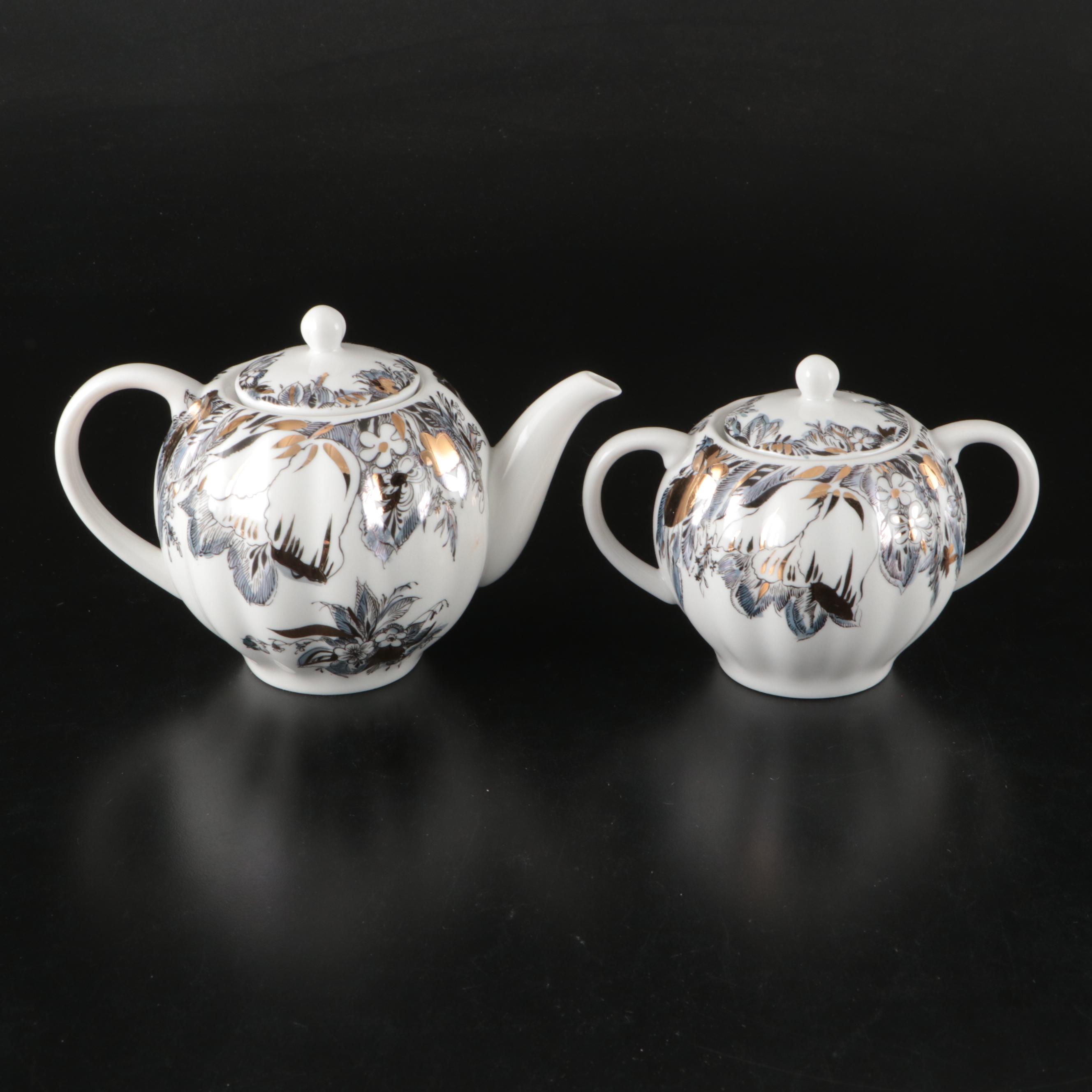 Lomonosov Black and Gold Gilt Porcelain Dinnerware and Table Accessories