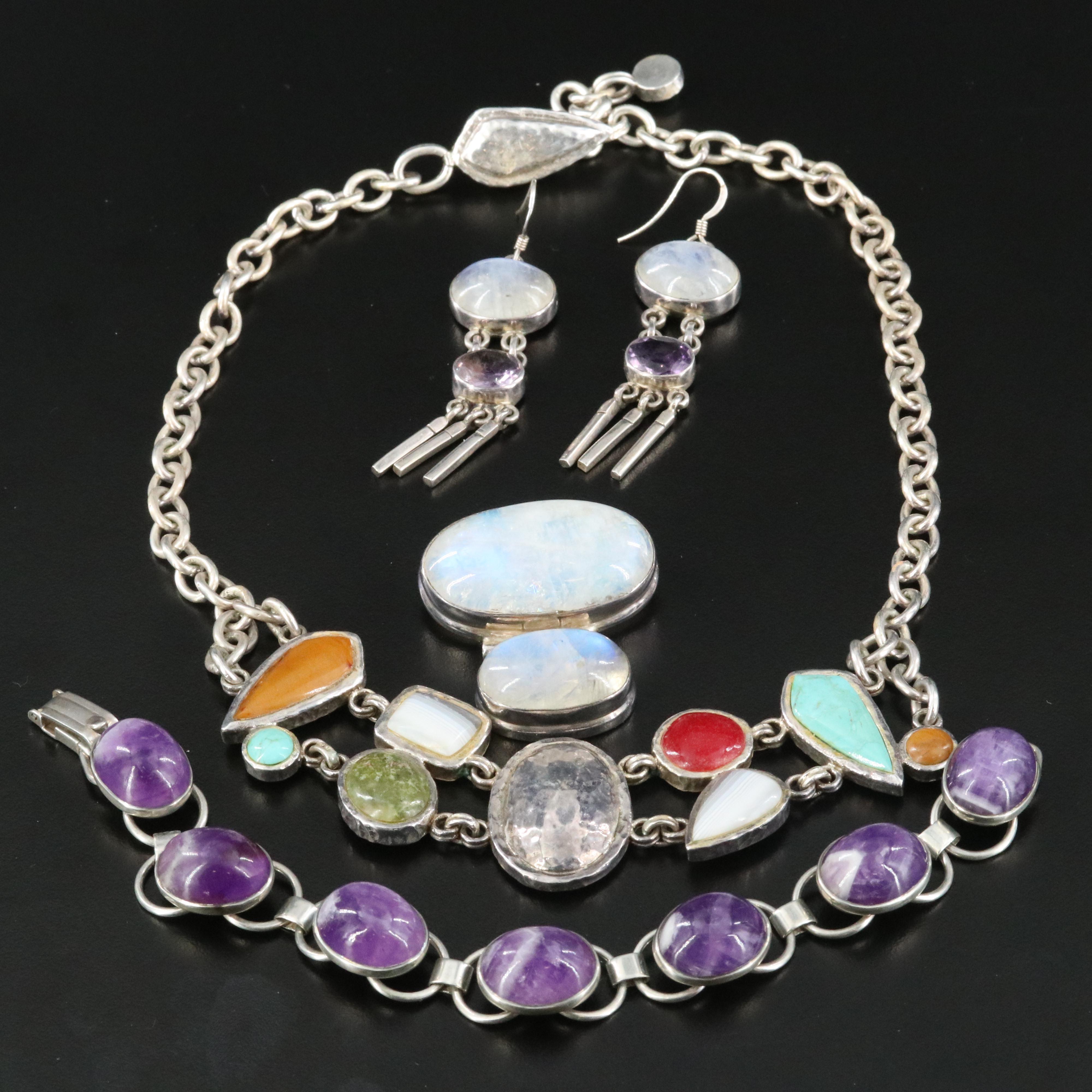 Sterling Gemstone Jewelry Collection Including Rainbow Moonstone and Amethyst