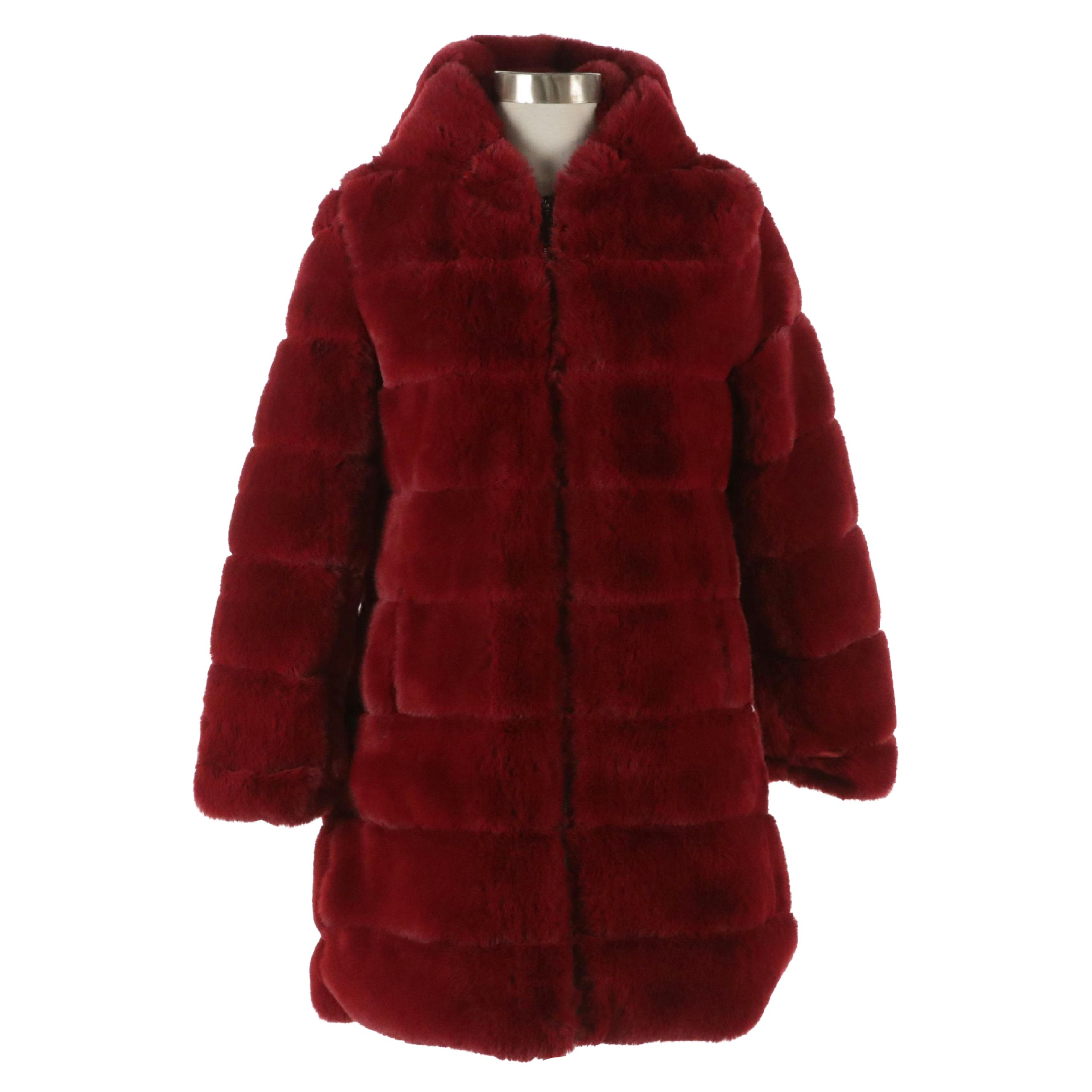 Black & Fish Red Faux Fur Hooded Zipper Front Coat