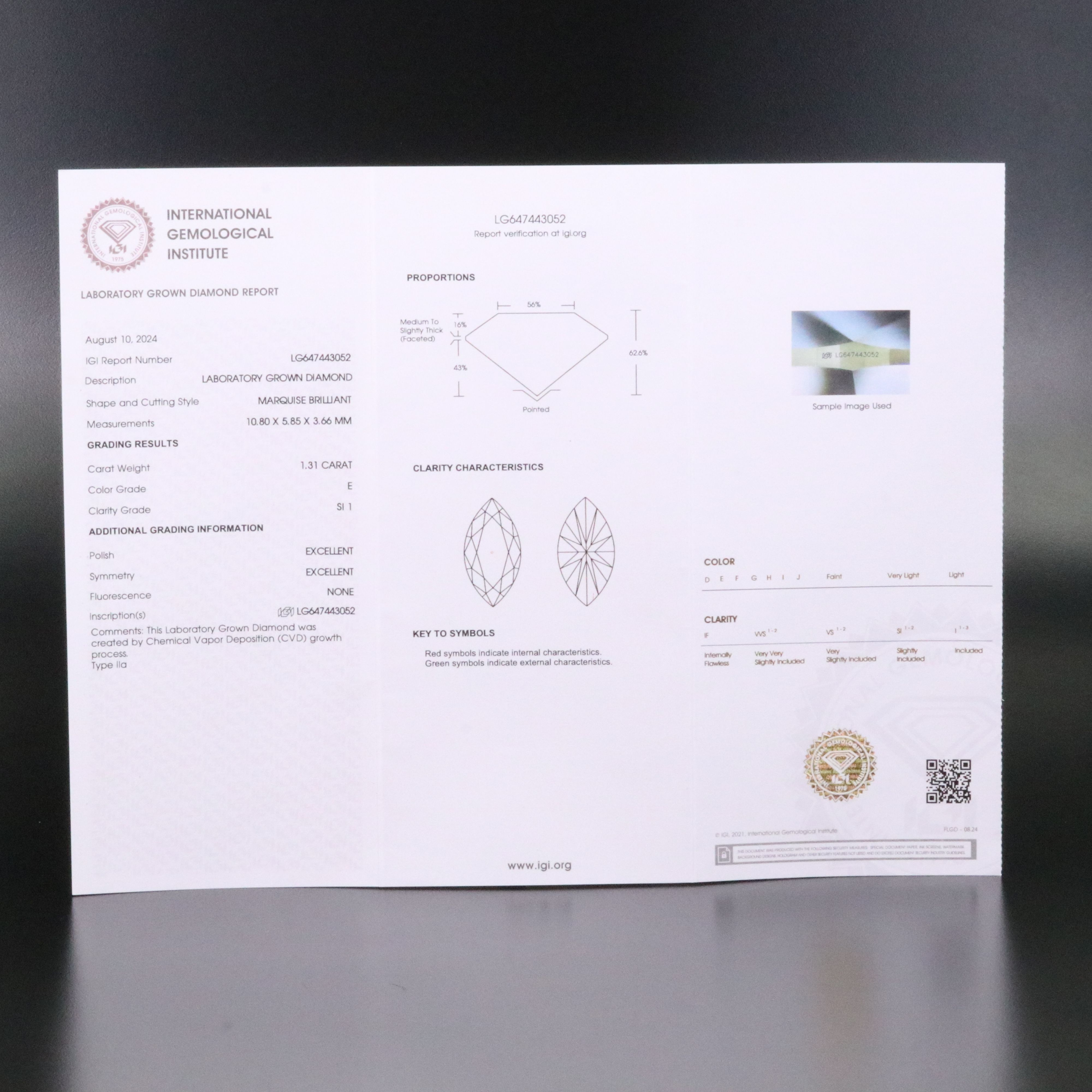 Loose 1.31 CT Lab Grown Diamond with IGI Report