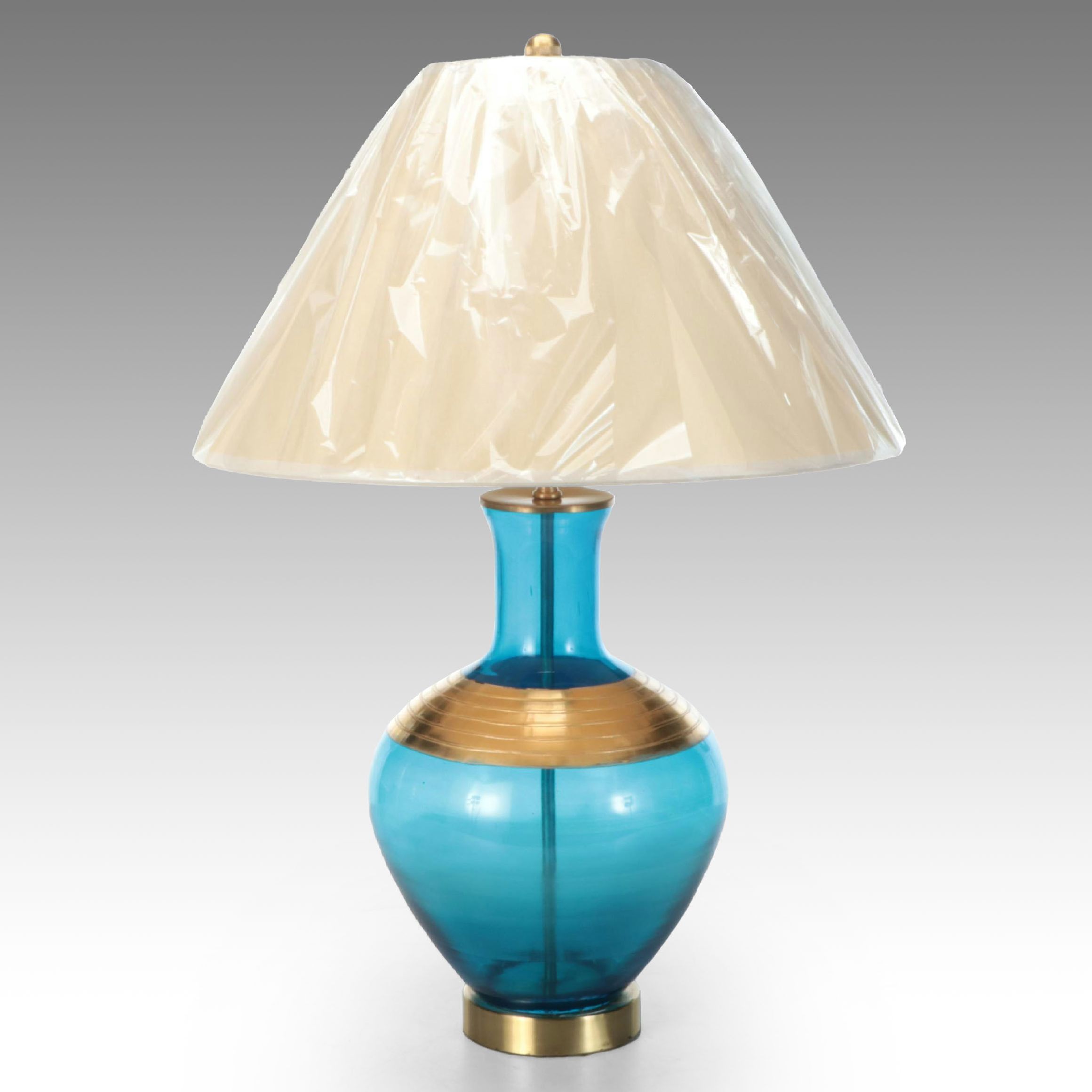 Contemporary Blue Glass with Brass Banding Table Lamp