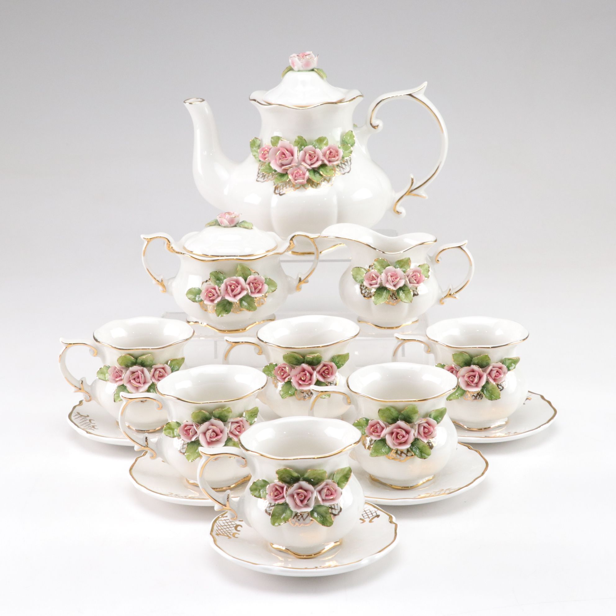 Gilt Rimmed Porcelain Rose Teapot, Saucers & Teacups