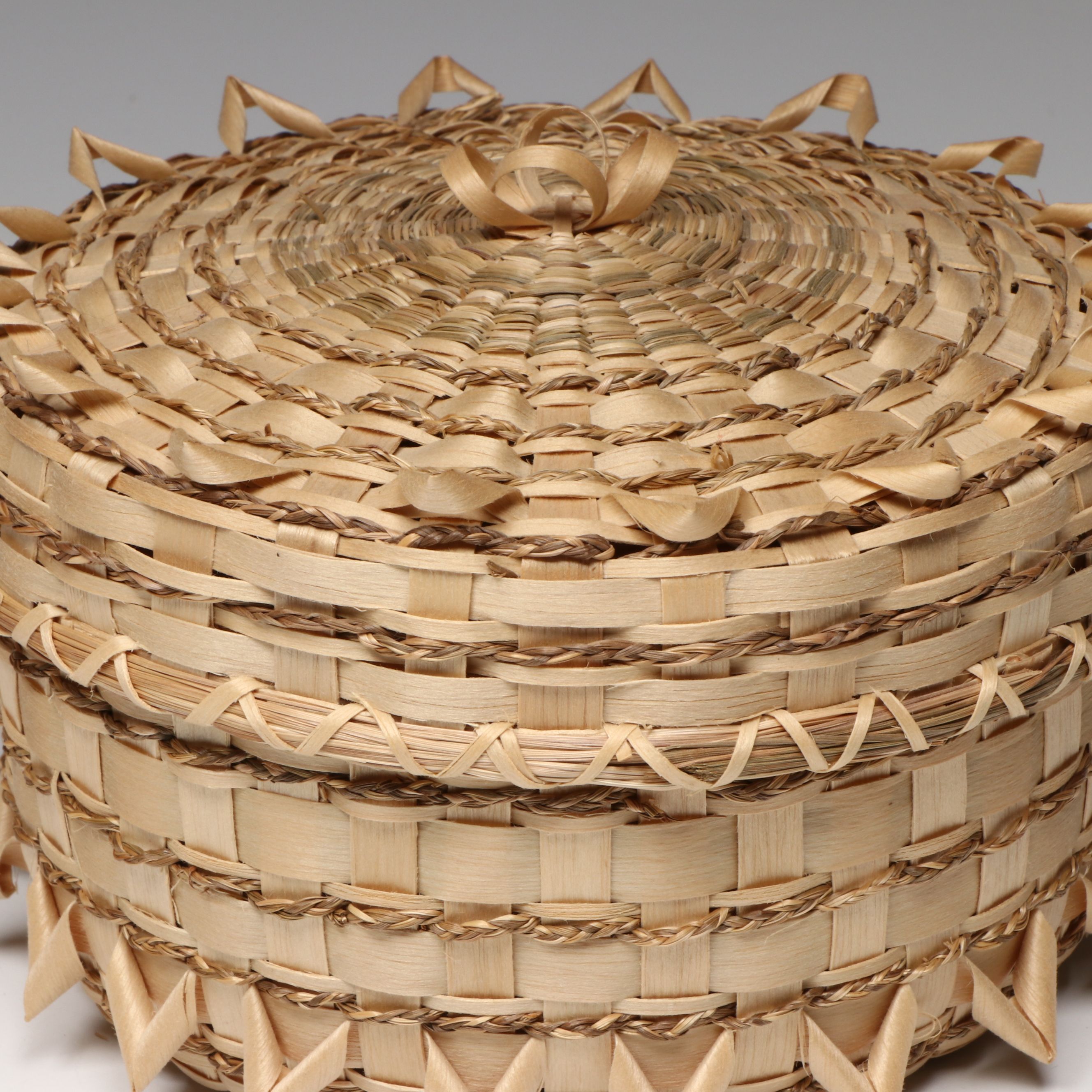 Florence Benedict Mohawk Sweetgrass Basket with Other Maliseet Vessel