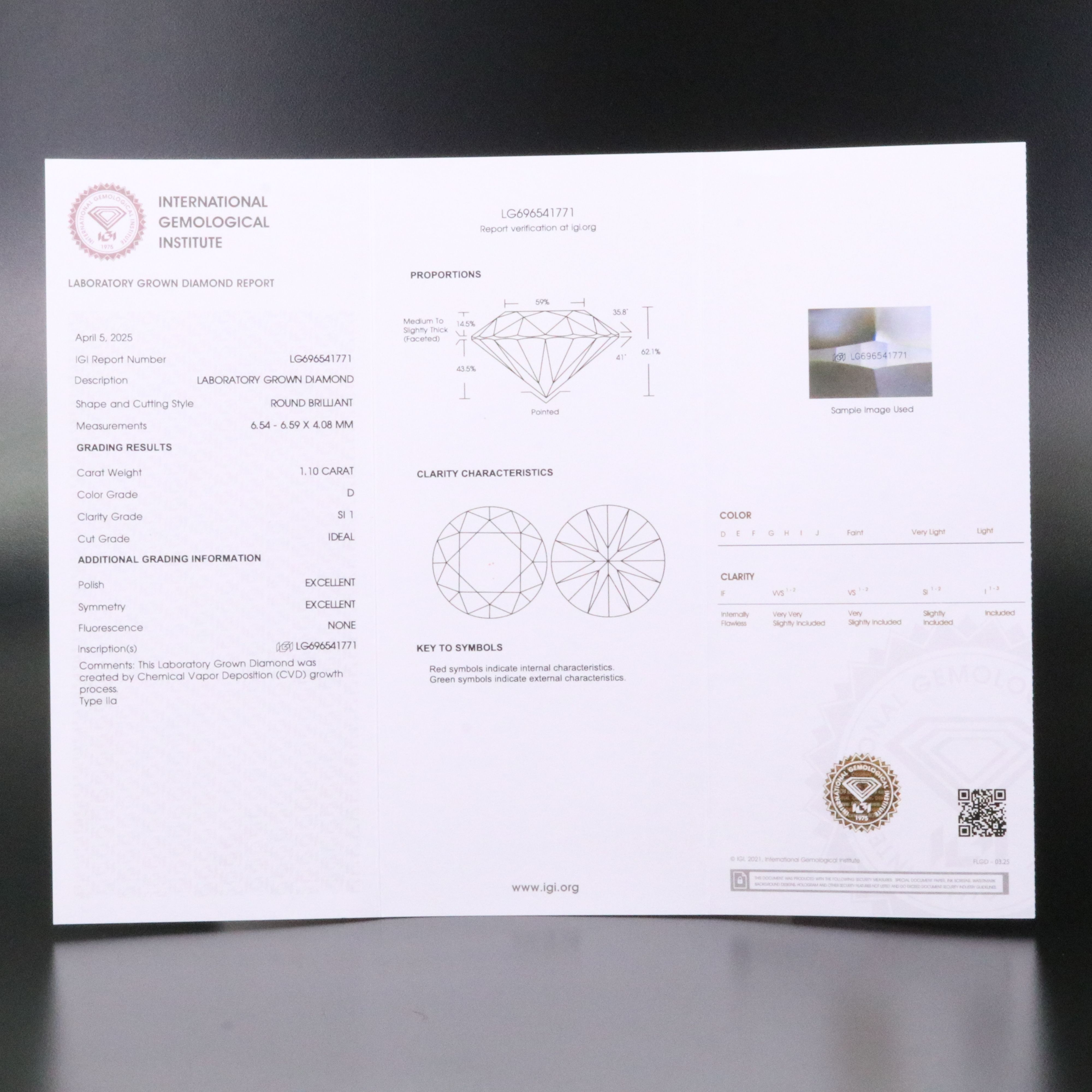 Loose 1.10 CT Lab Grown Diamond with IGI Report