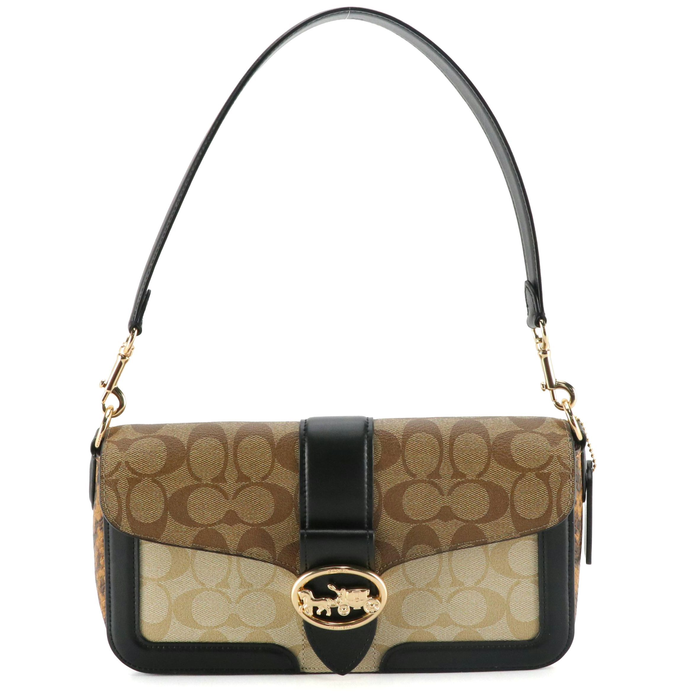 Coach Georgie Shoulder Bag in Signature Canvas, Snakeskin and Calfskin Leather