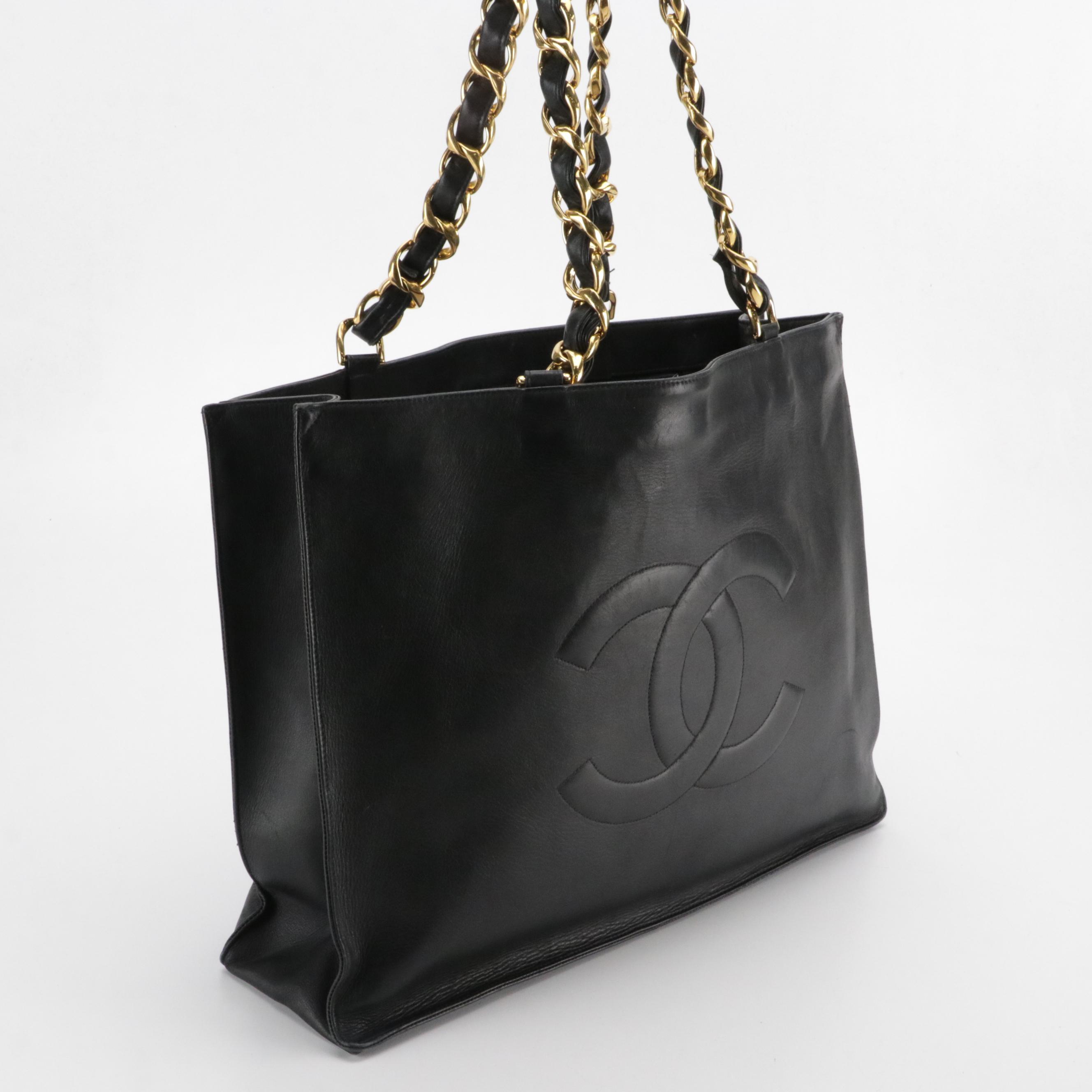 Chanel CC Chain Link Shopping Tote in Black Calfskin Leather