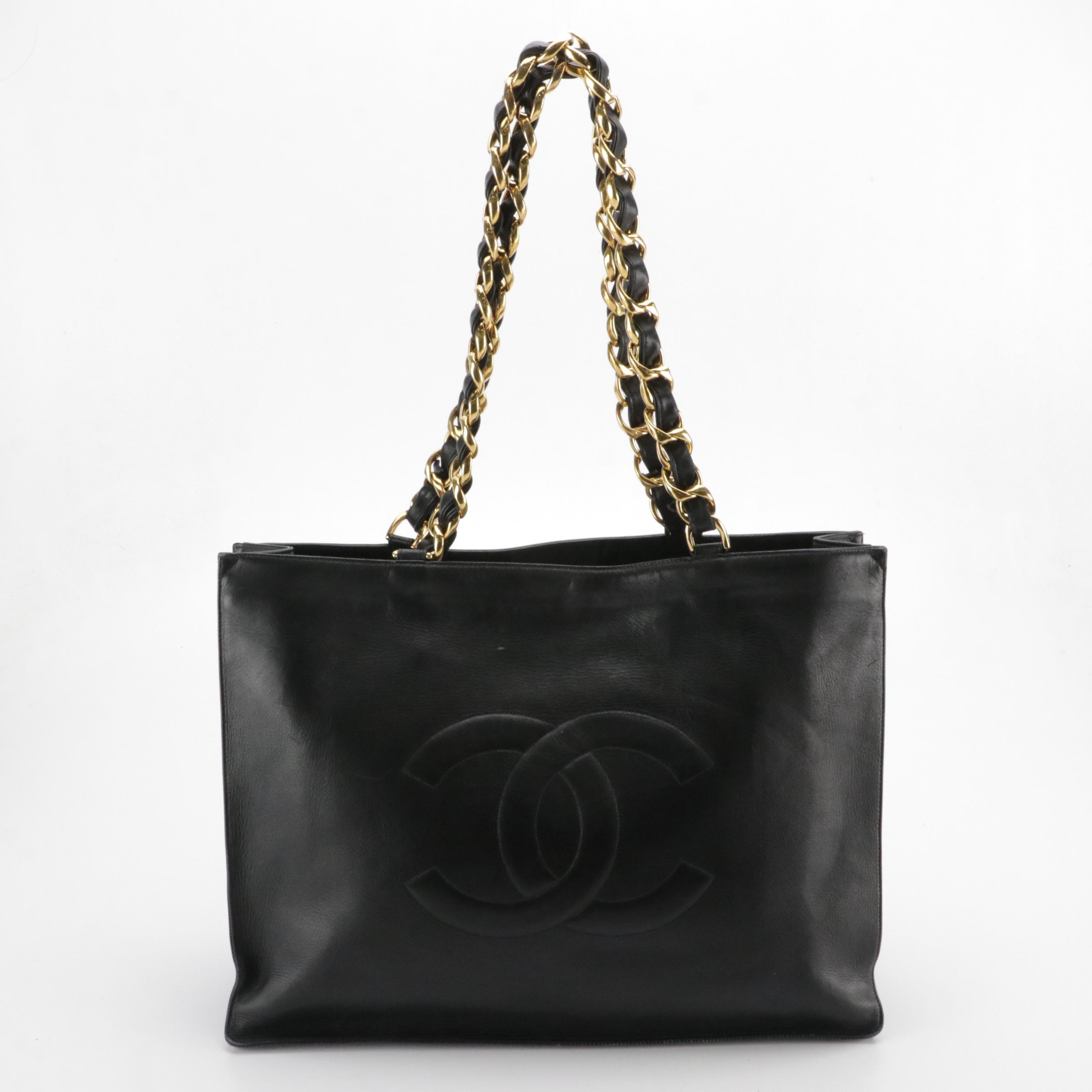 Chanel CC Chain Link Shopping Tote in Black Calfskin Leather