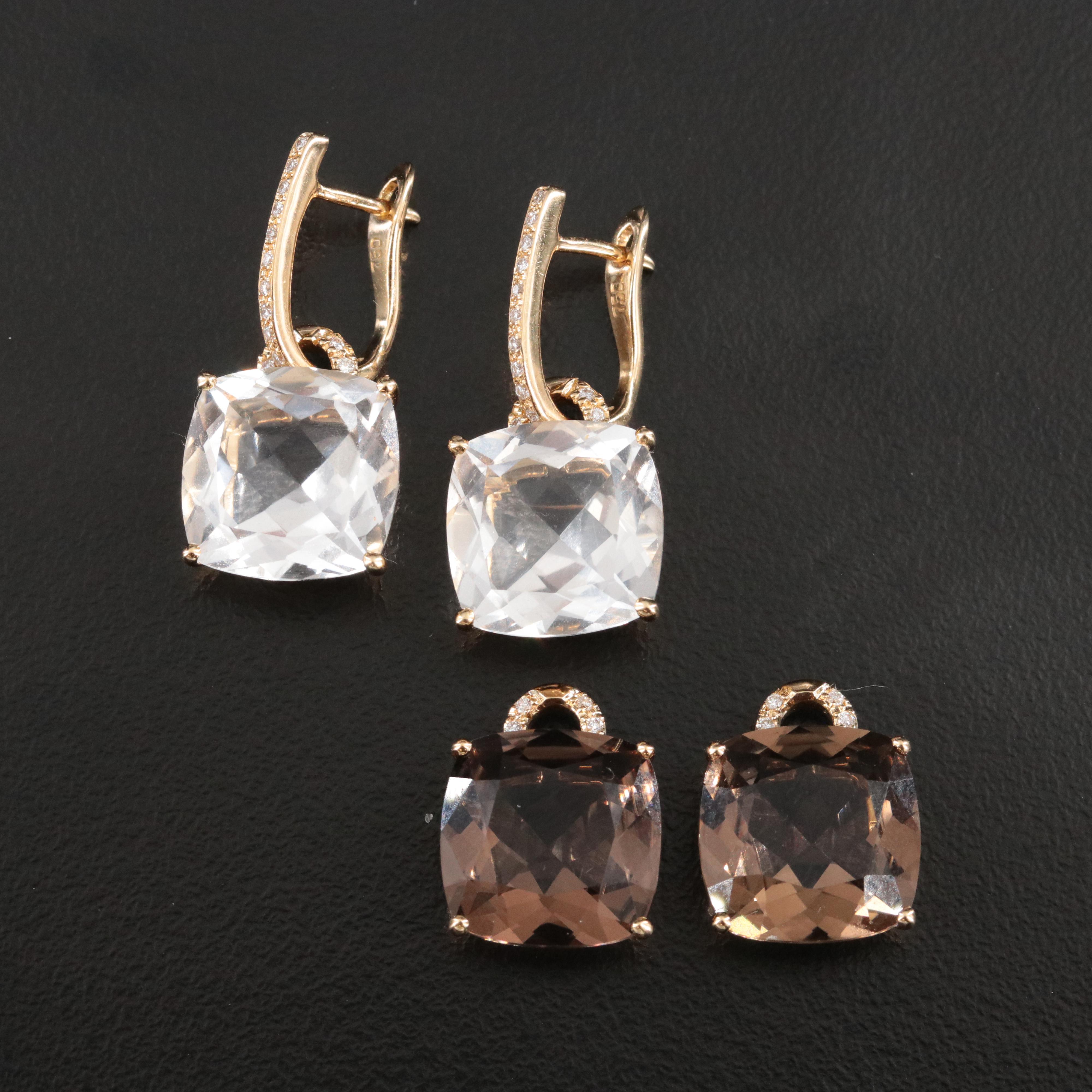 18K Smoky Quartz, Rock Crystal, and Diamond Drop Earrings Interchangeable