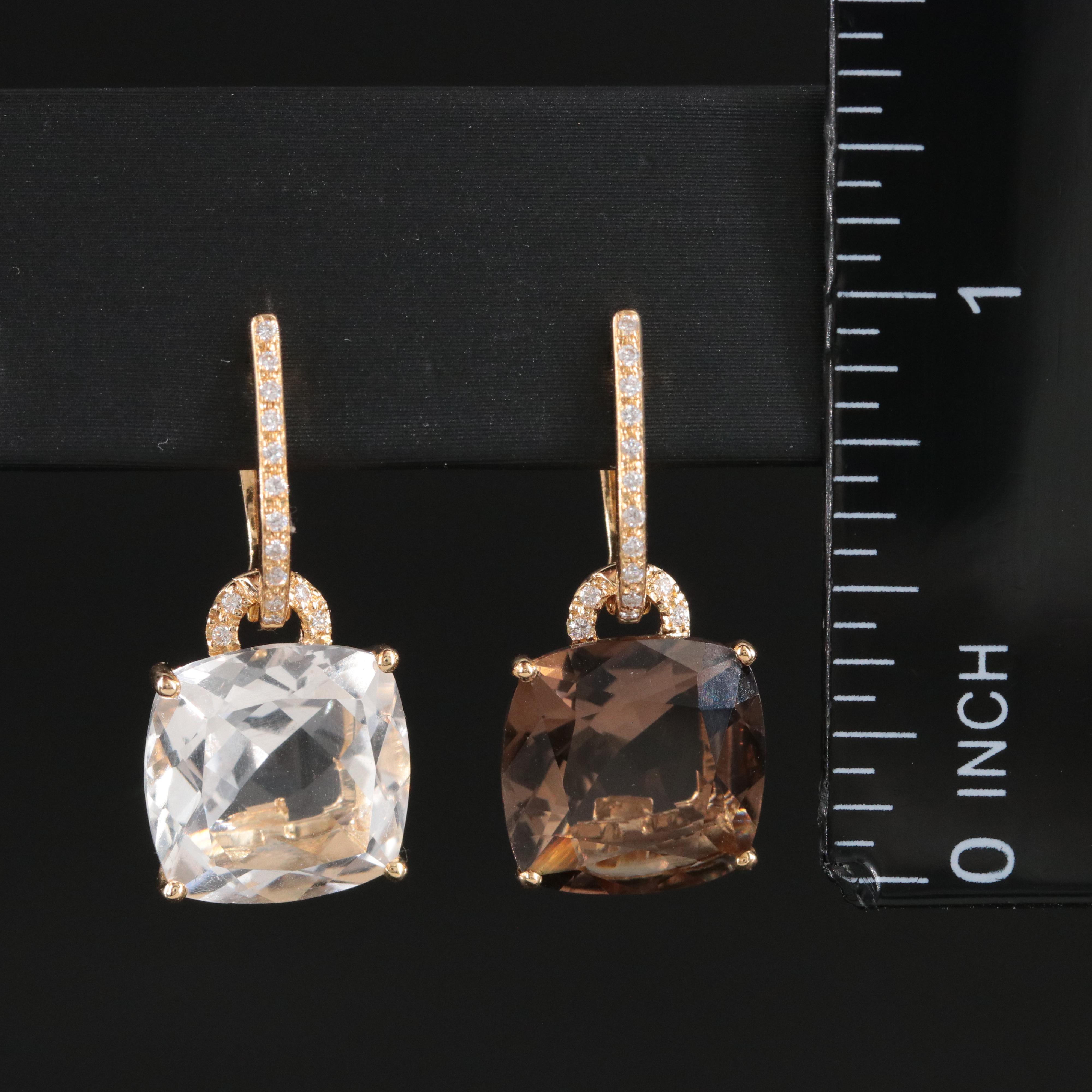 18K Smoky Quartz, Rock Crystal, and Diamond Drop Earrings Interchangeable