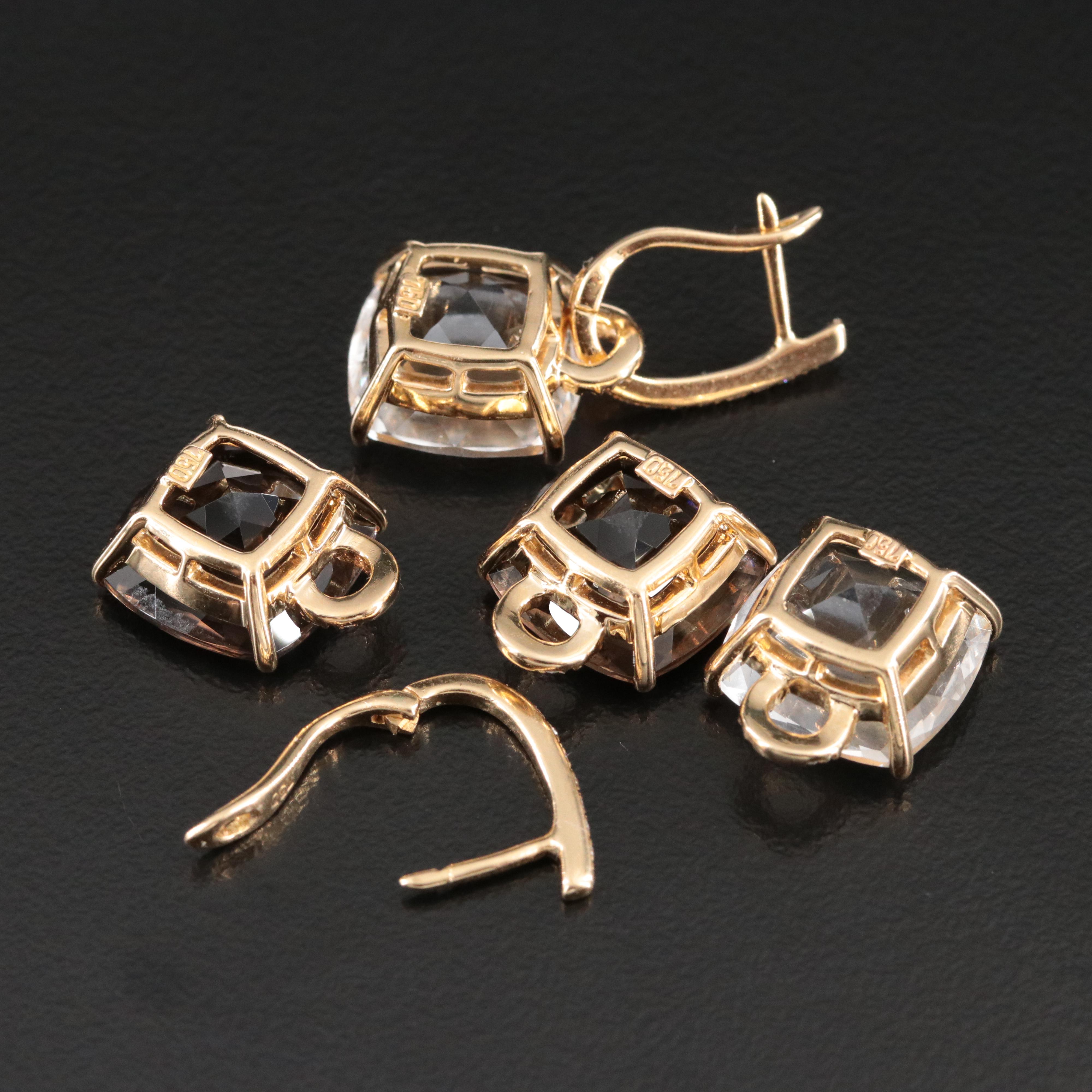 18K Smoky Quartz, Rock Crystal, and Diamond Drop Earrings Interchangeable