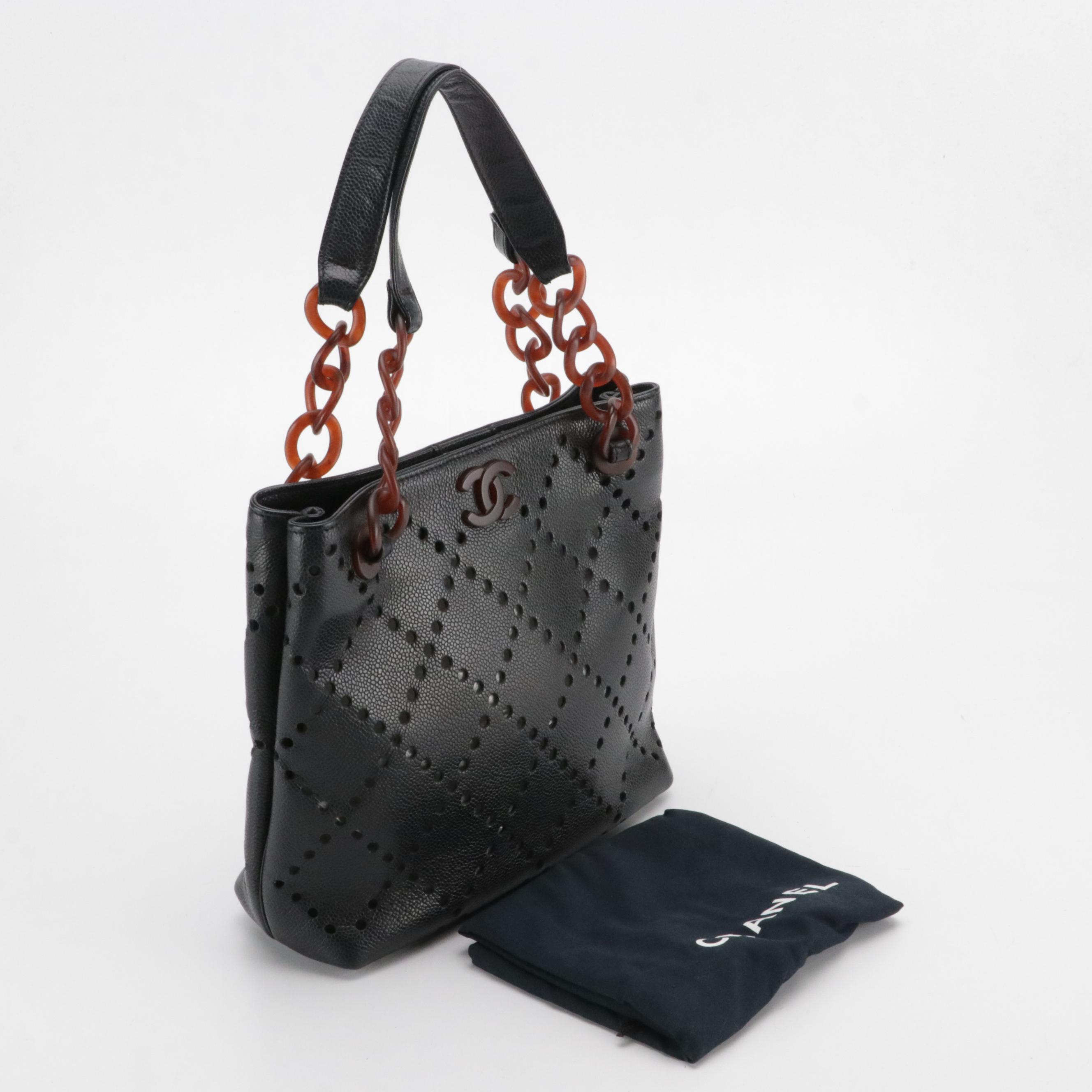 Chanel Diamond Perforated Caviar Leather Handbag with Resin Chain-Link Straps