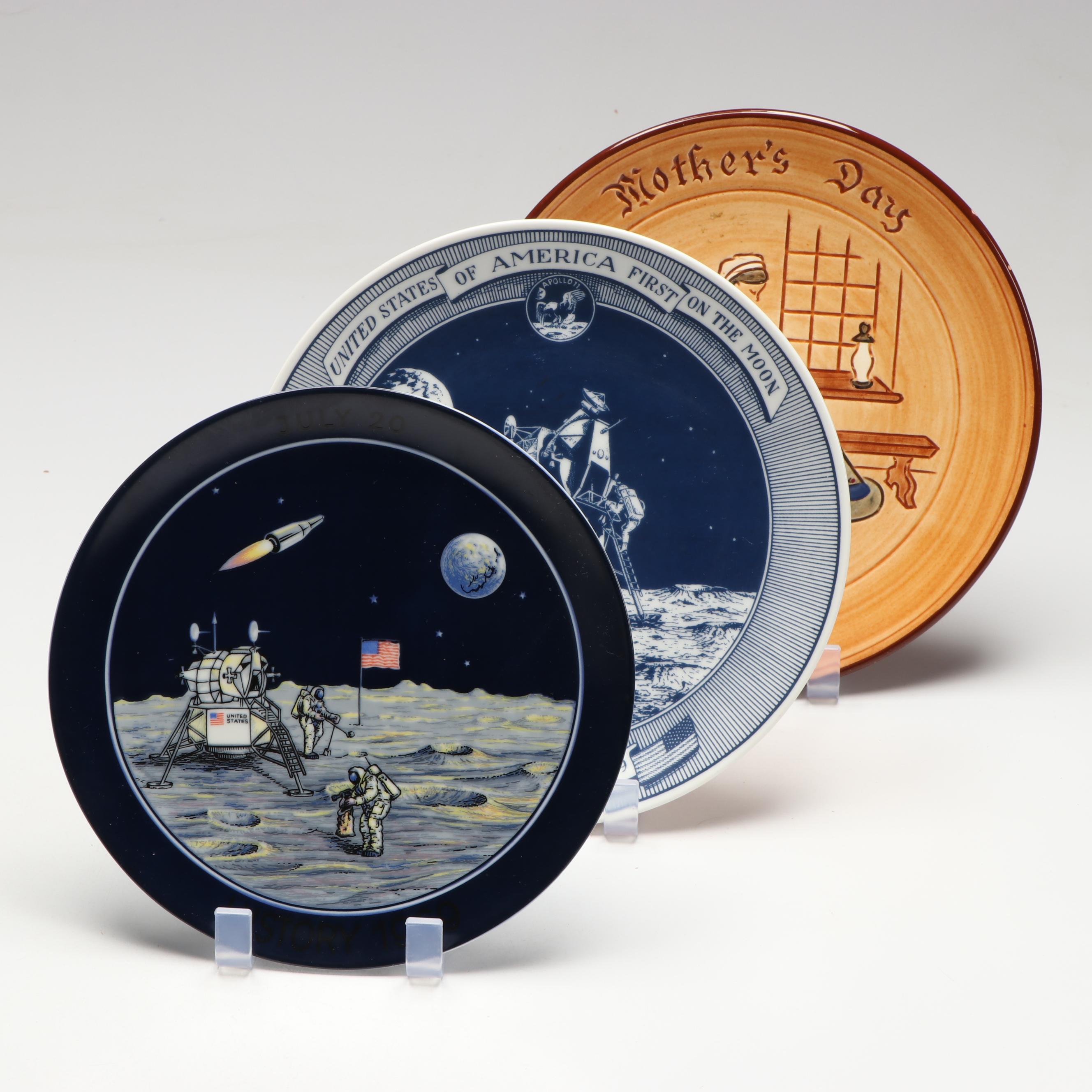 Commemorative Moon Landing Plates with Hand-Painted Mother's Day 1973 Plate