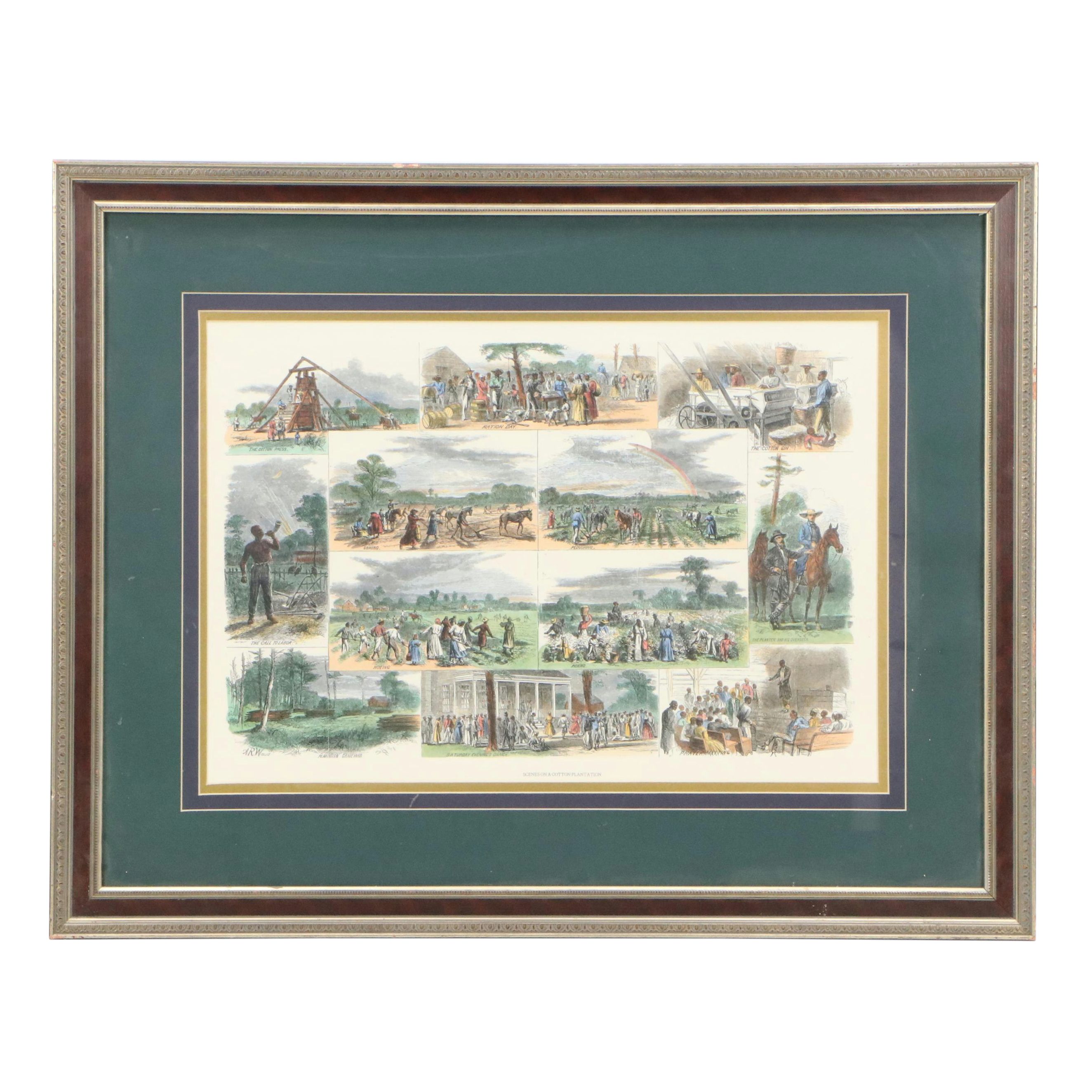 Hand-Colored Lithograph After A. R. Waud "Scenes on a Cotton Plantation"