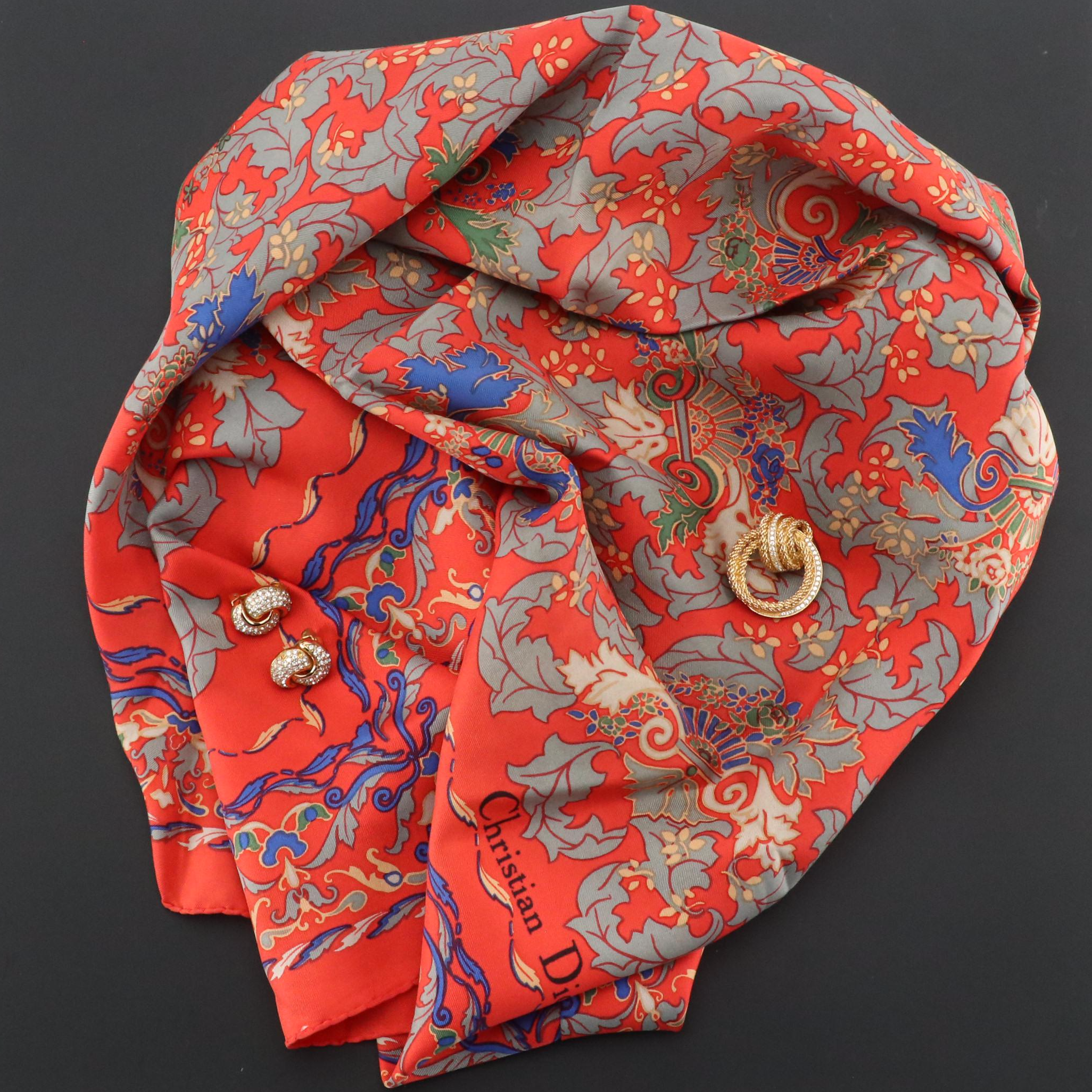 Christian Dior Crystal Gold Tone Clip Earrings and Pin with Silk Twill Scarf